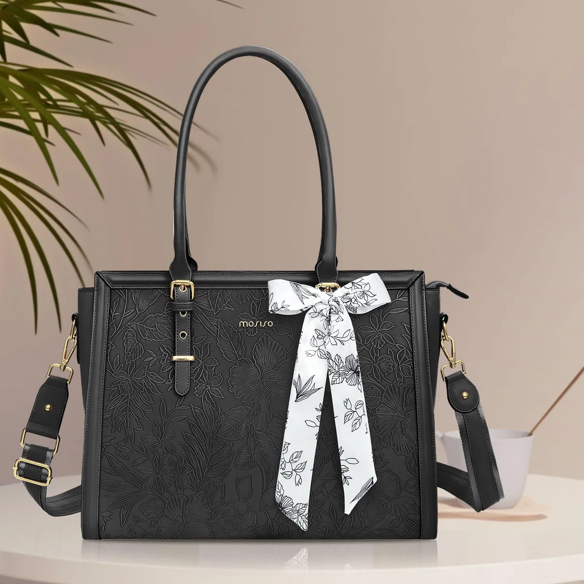 MOSISO Borsa Tote Laptop Donna,17-17,3 Pollici PU Pelle,Compatibile con MacBook,HP,Dell,Asus Notebook,Borsa Computer con Stampa Frontale Rilievo Ibisco Retro, Sciarpa Seta e Pochette,Nero