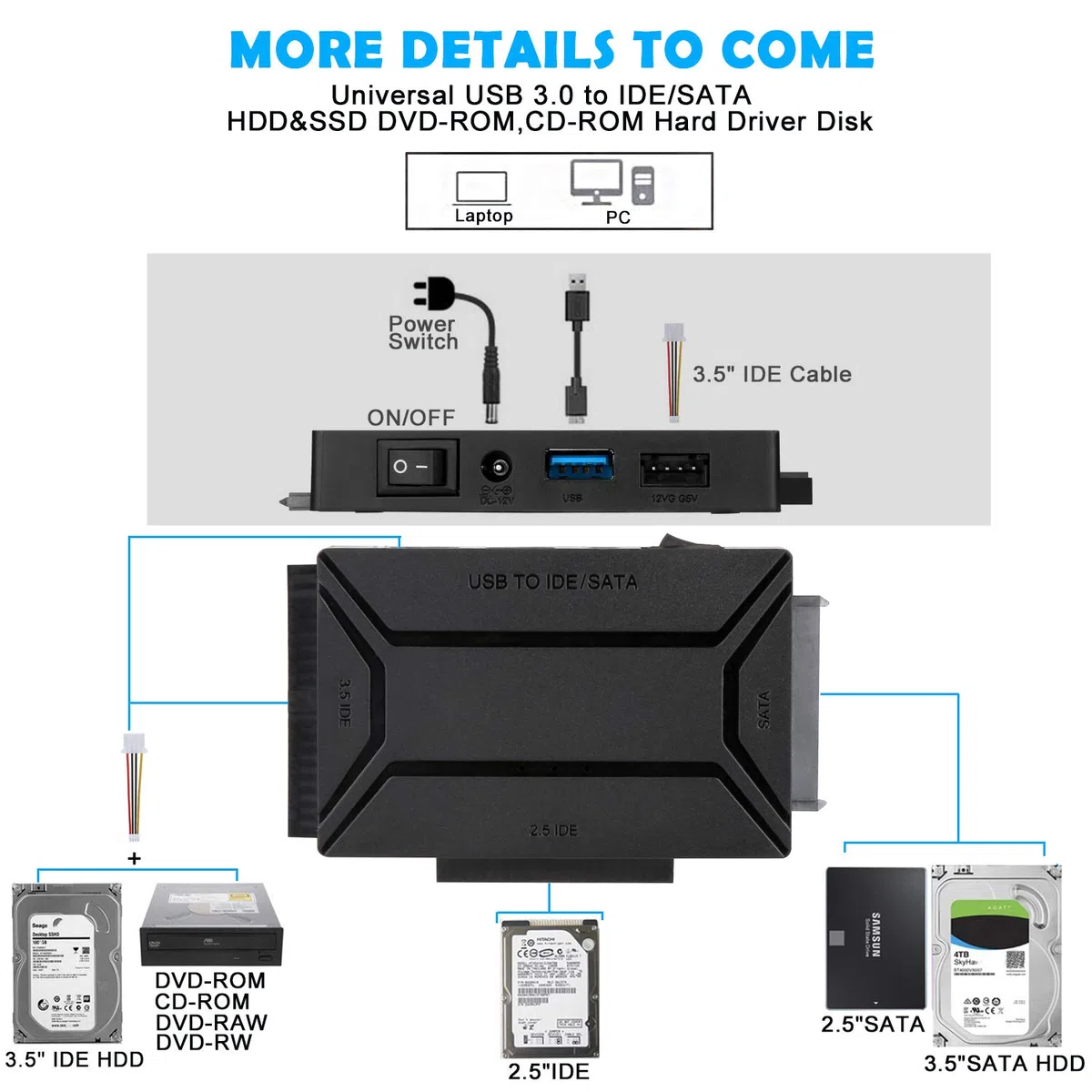 AGPtek USB 3.0 to IDE/SATAConverter, Adattatore Disco Rigido con Power Switch per 2.5"/3.5"SATA /IDE/SSD Disco Rigido, Support4TB, Include 12V 2 Adattatori & Cavo USB 3.0
