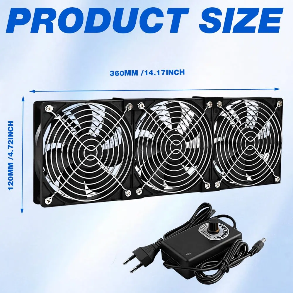 Ventola per PC da 360 mm, 3 ventole da 120 mm, ventola per PC da 12 V, con spina di alimentazione e regolatore di velocità continuo, 2700 giri/min, silenziose e potenti fan per computer, server, TV