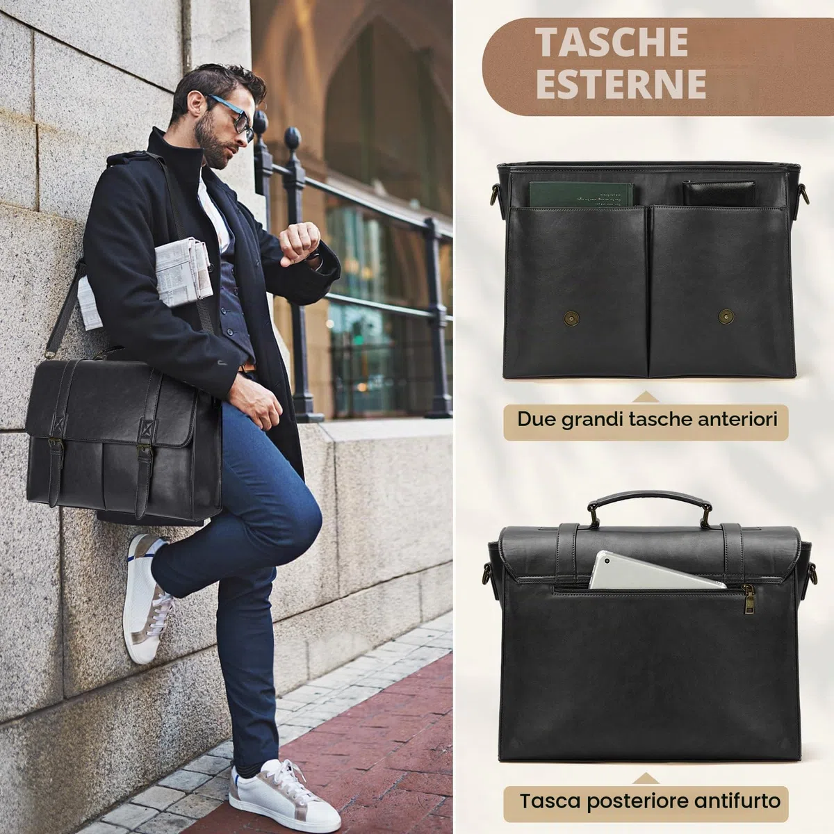 RAINSMORE Borsa Porta PC 15.6 Pollici Lavoro Uomo Ufficio in Pelle PU a Tracolla Documenti Computer Portatile Impermeabile
