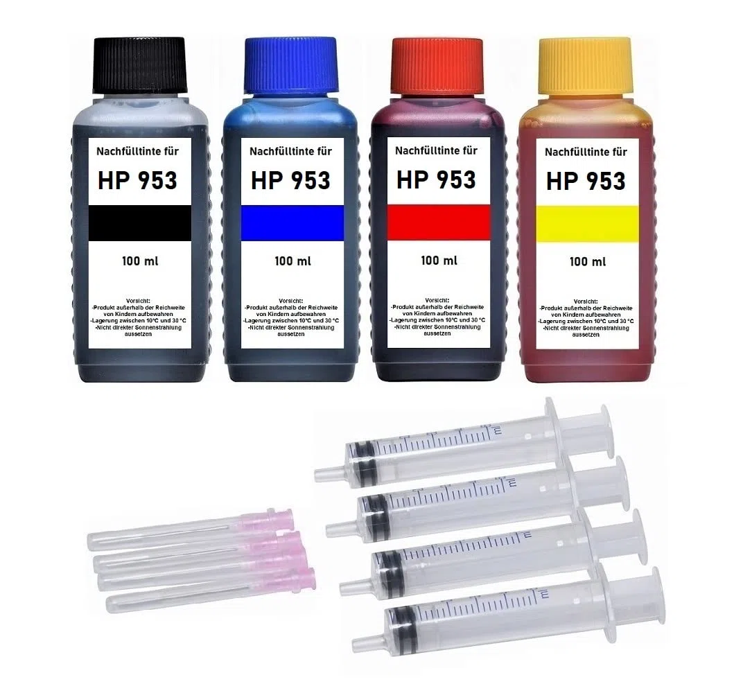 Kit di ricarica 4 x 100 ml d'inchiostro per cartucce HP 953 (XL) nero, ciano, magenta, giallo