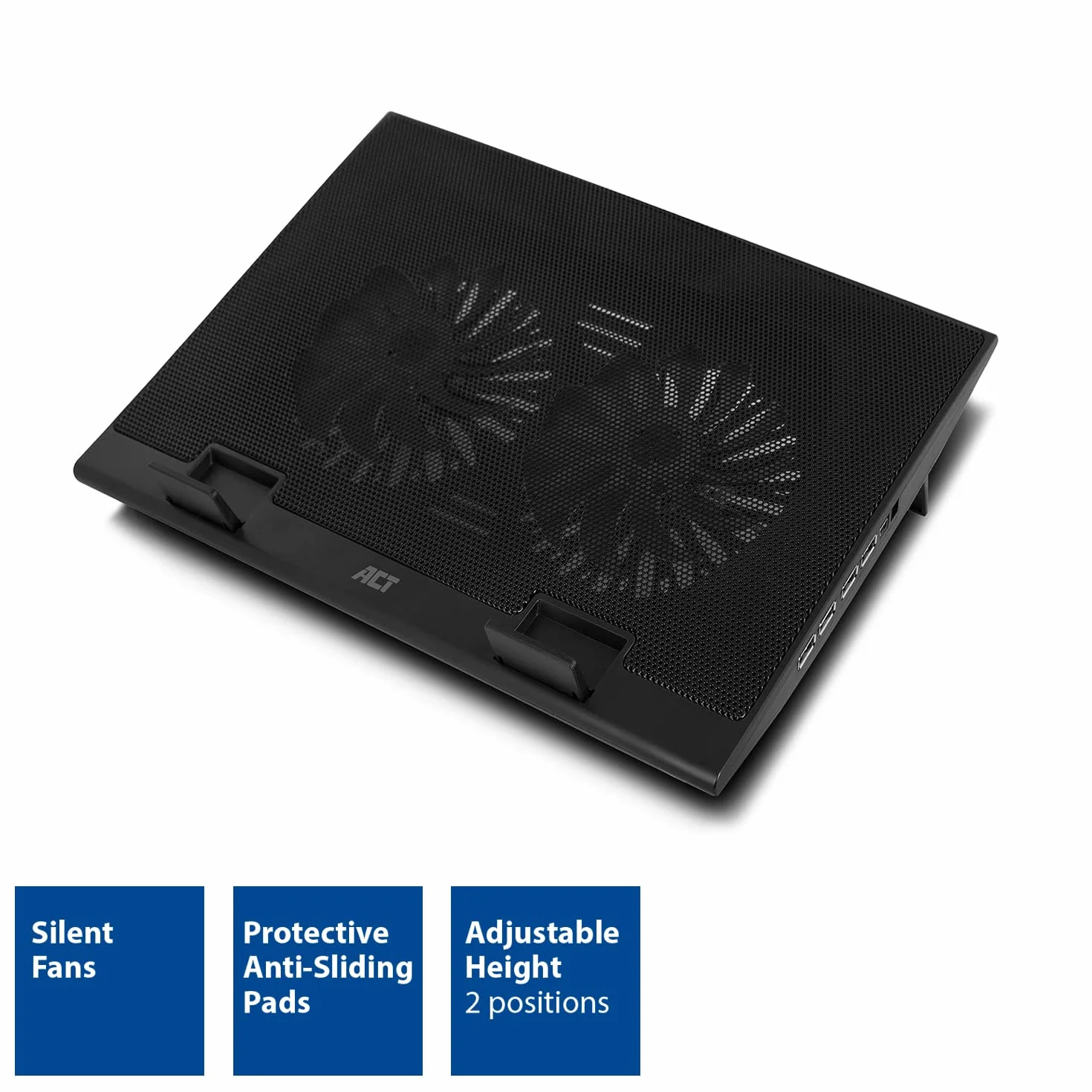 ACT Supporto di raffreddamento per laptop da 17", regolabile in altezza (2 posizioni ergonomiche), 2 ventole silenziose per l'ufficio, hub USB a 4 porte - AC8105