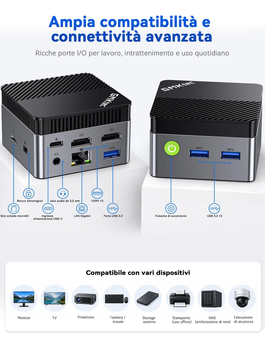GMKtec G5S Mini PC, 3 anni di supporto, Mini Desktop Computer Intel N5095 migliore di N5030/J3355, 8GB LPDDR4 128GB SSD M.2, Doppio HDMI 4K@60Hz, USB 3.2 x3, WiFi 6, BT 5.2, Slot SD