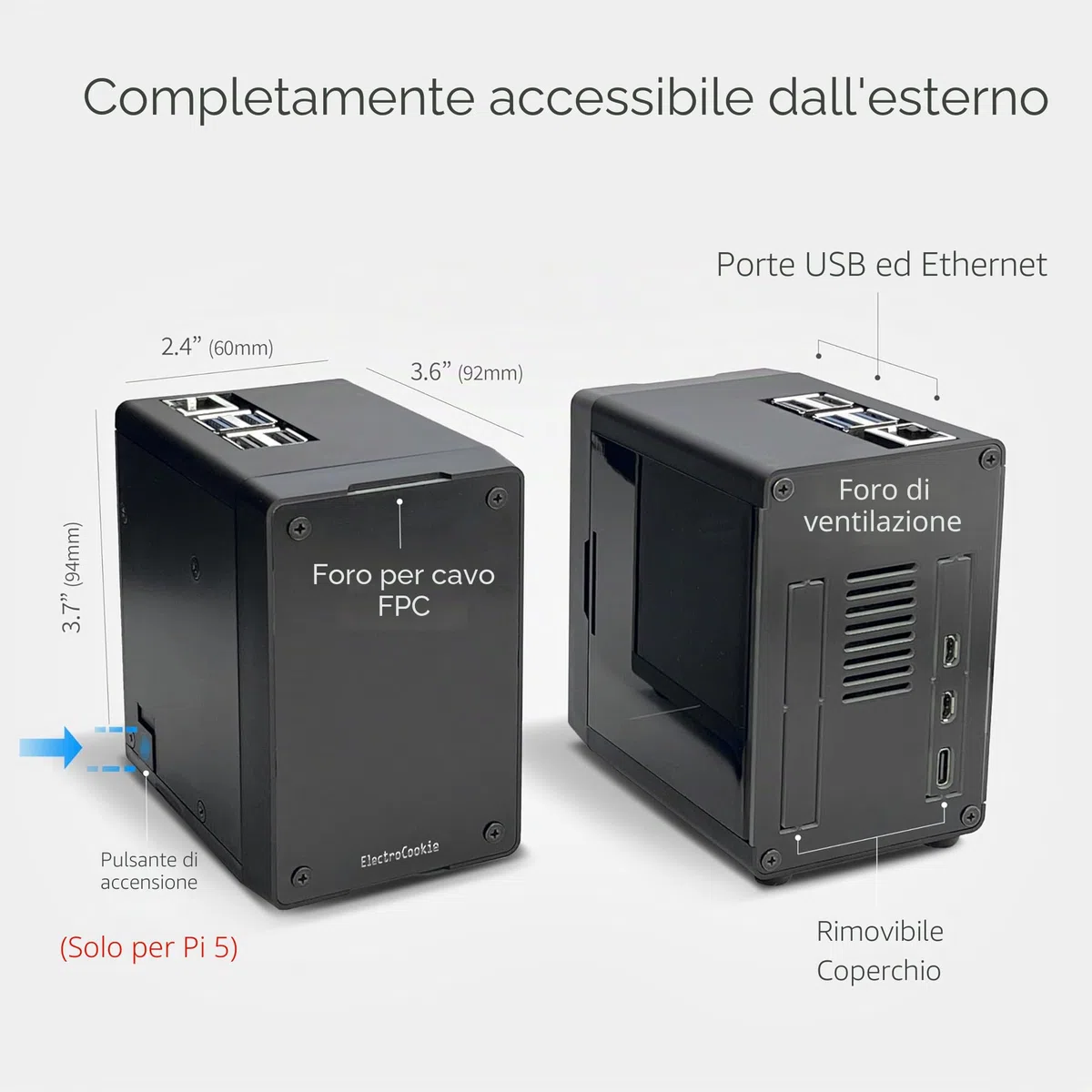 Custodia Mini PC ElectroCookie per Raspberry Pi 5 con SSD M.2 NVMe PCIe HAT e Illuminazione RGB Attiva (Custodia Nera + HAT M.2[X1001])