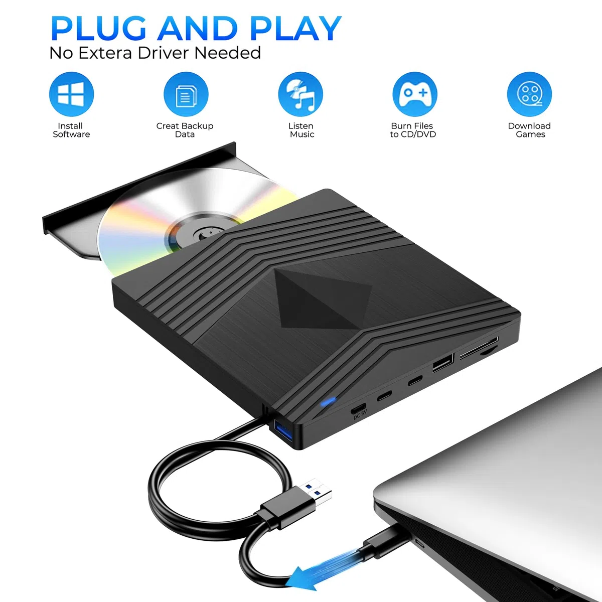 Lettore CD Esterno per PC Portatile, USB 3.0 Masterizzatore DVD CD Esterno con Lettore di Schede TF/SD, Lettore DVD per PC Laptop Mac Windows 11/10/8.1/7/XP/Vista Linux Macbook