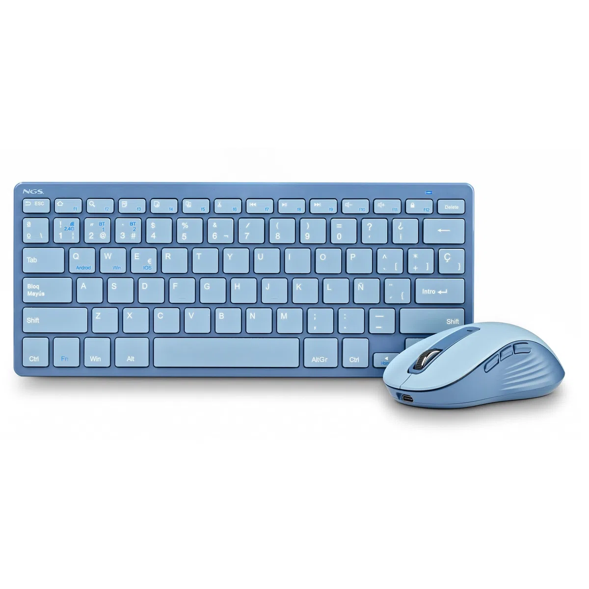NGS Fantasy Kit Blue - Tastiera e mouse wireless QWERTY spagnolo, silenzioso ricaricabile, multimodalità 2.4 GHz e Bluetooth, 12 tasti multimediali, DPI regolabile, blu
