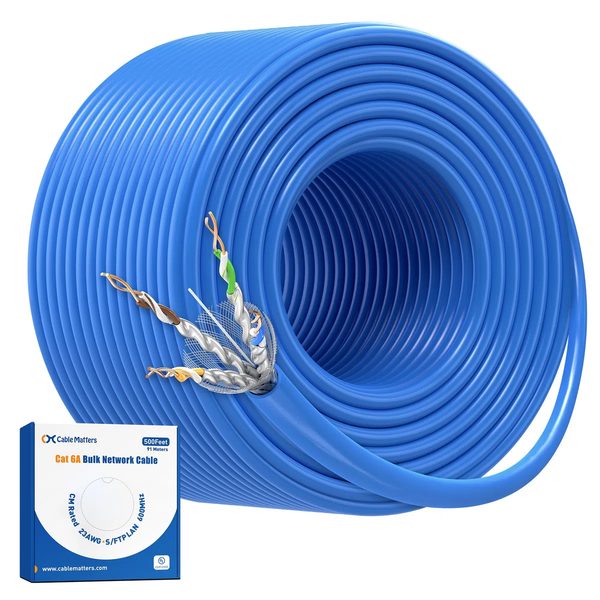 Cable Matters Cavo Ethernet Cat6a schermato in rame nudo da 10 Gbps a parete (CM) nominale 23 AWG, cavo Ethernet Cat6a, 152,4 m, solido, S/STP, S/FTP, cavo Ethernet Cat6a, blu