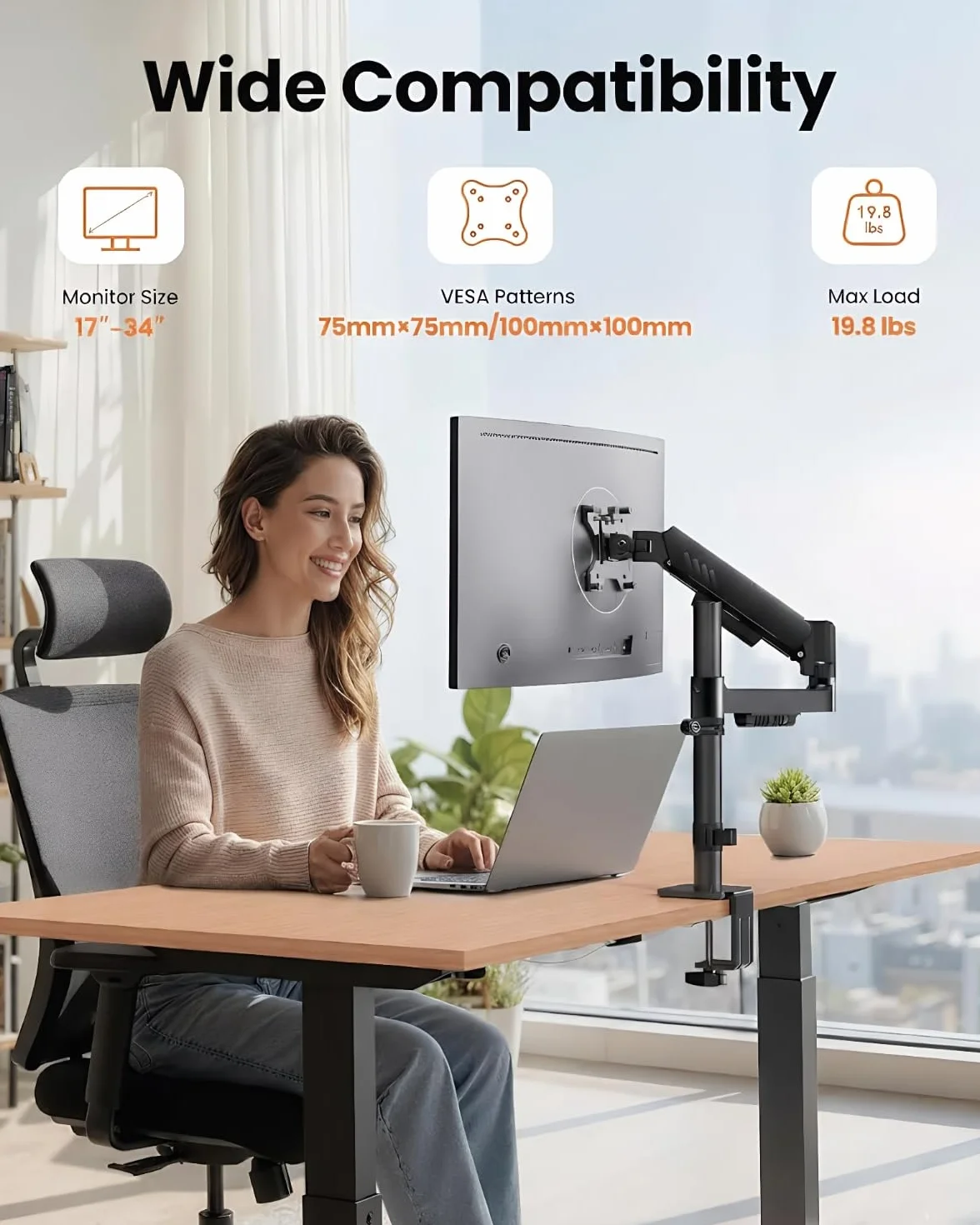 ErGear Braccio Monitor Singolo, Monitor 32 Pollici Regolabile per Schermi da 13-34″, Fino a 9 kg, Maggiore Stabilità con Morsetto a C Integrato, Gestione Cavi Migliorata, VESA 75x75/100x100 mm, Nero