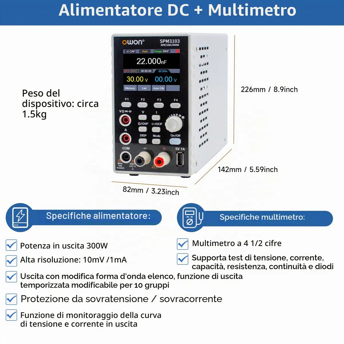 OWON SPM3103 Alimentatore da Laboratorio +Multimetro 2 in 1 (0-30V, 0-10A), Alimentatore CC Variabile, Fuente de Alimentación de Laboratorio con LED da 2,8 Pollici ad Alta Precisione, Interfaccia USB