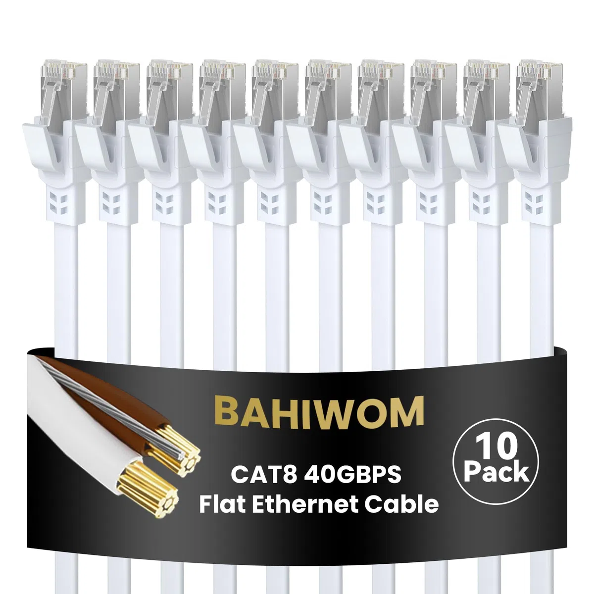Cavo Ethernet Cat8 1m (10 Pezzi), 40 Gbps/2000 MHz LAN cavo di rete Gigabit cavo patch, Cavo Internet Piatto Compatibile con router, con Laptop, con Modem - Bianco