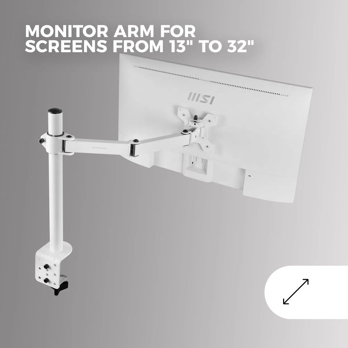 Mars Gaming MARM1 Bianco, Supporto per Monitor a Braccio per Schermi fino a 32", Articolato e Regolabile in Altezza, Telaio Robusto, Compatibile VESA75 e VESA100