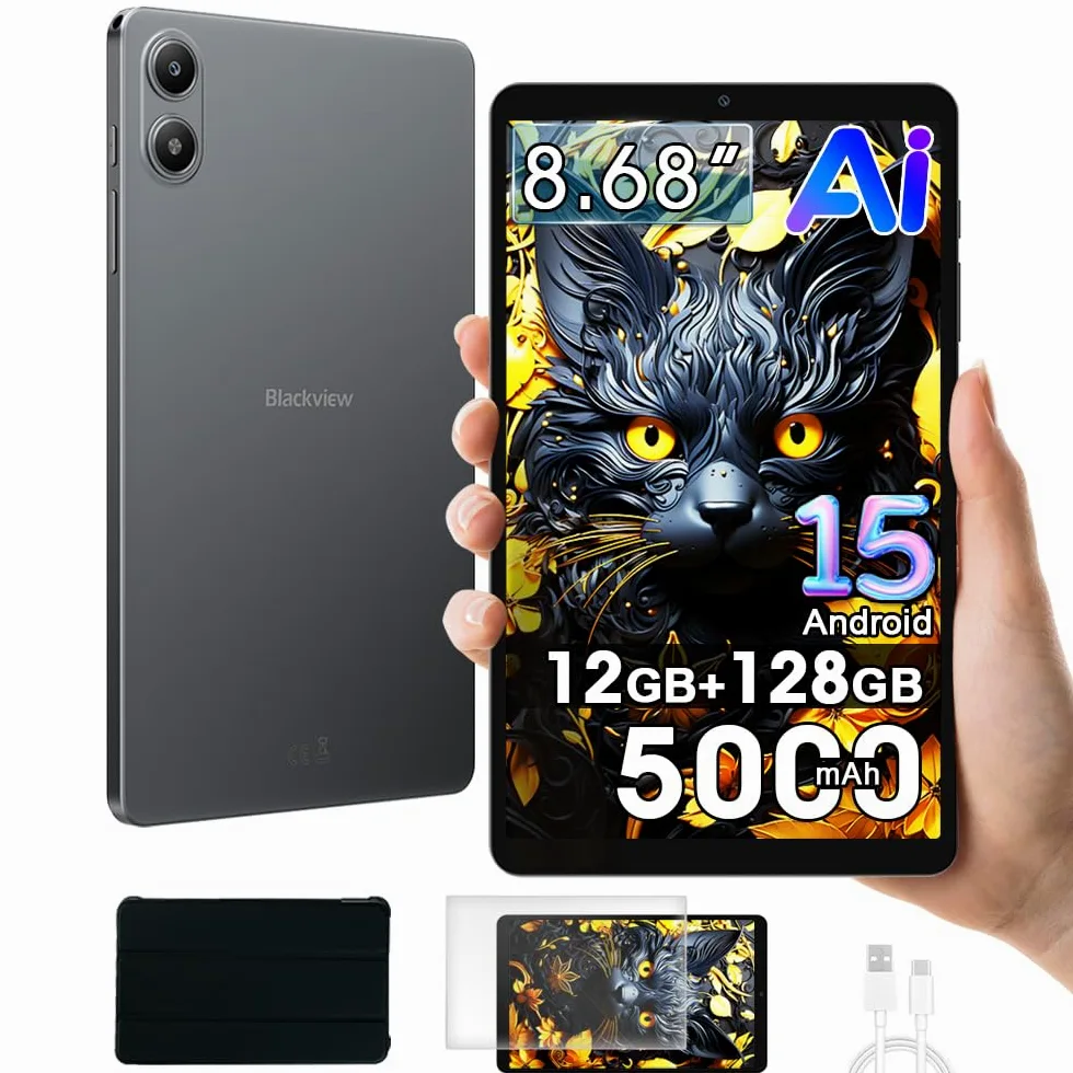 Blackview Link 2 8 Pollici Tablet Android 15, 12GB+128GB/2TB TF Mini Tablet da Gioco, Widevine L1, 5000mAh Batteria, 5G Wifi Tablette, 8MP+5MP, Gemini Al 2.0, 3,5mm Klinke/OTG/GPS/FM/Cover, Nero | Widevine L1 HD Streaming, Face ID Unlock, tablet leggero d