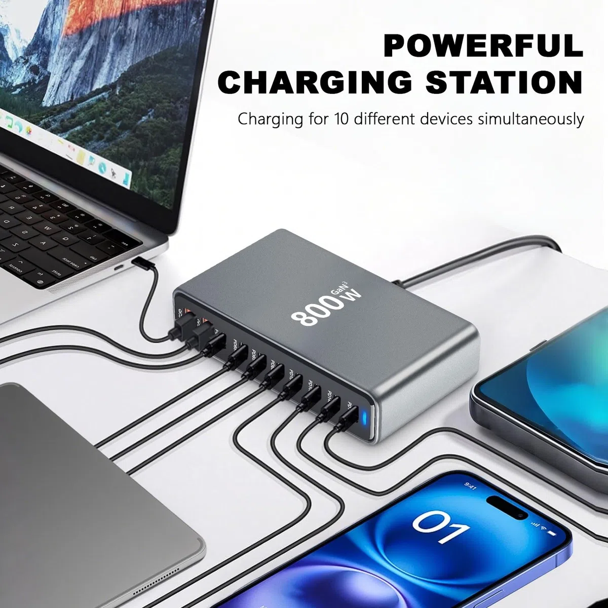 800W Caricatore USB Multiplo - 10 Porte (8 USB-C + 2 USB-A) con Ricarica Rapida, Stazione di Ricarica Compatta per Multi Dispositivi, Compatibile con MacBook, iPad, iPhone 16/15/14, Galaxy S22/S20