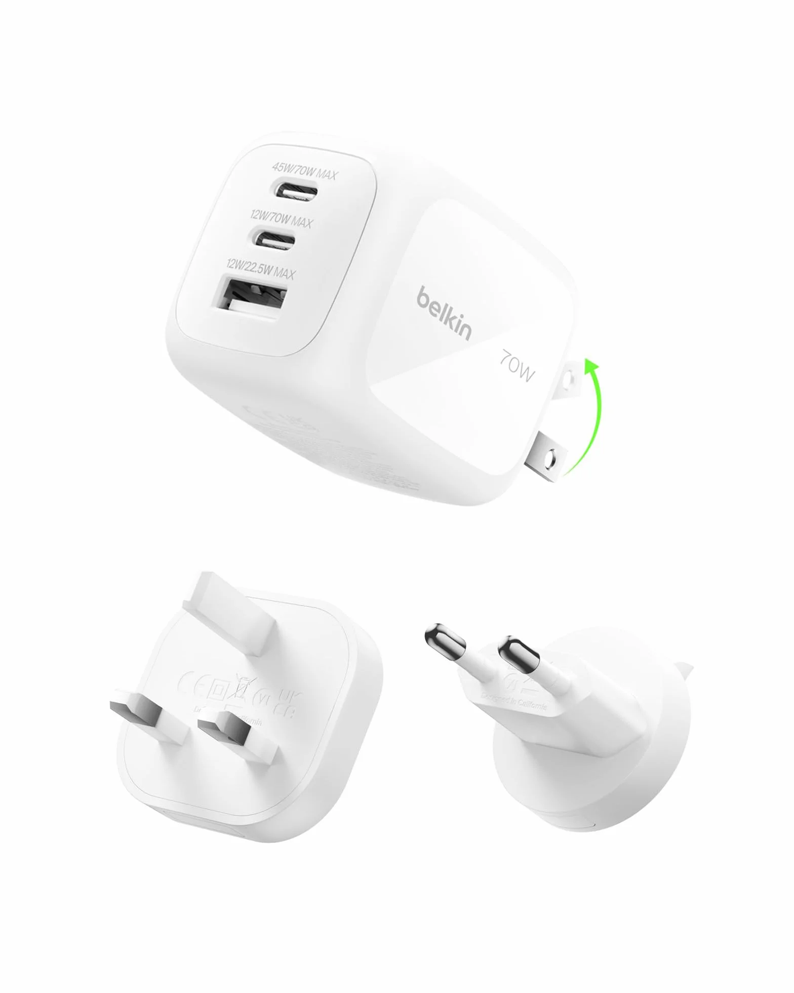 Belkin Caricatore USB C a 3 porte, 70 W, con spina per USA/GB/EU, 2 porte USB-C, 1 porta USB-A, caricatore rapido per MacBook, iPhone, iPad Pro, Samsung Galaxy, Pixel ecc. - Bianco