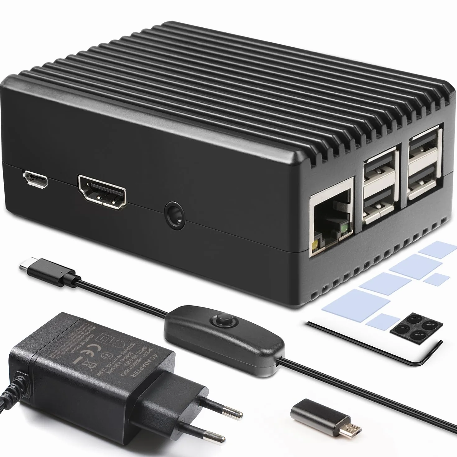 Miuzei Alluminio Case per Raspberry Pi 3b 3b+ con 5.1v 3a Alimentatore con Interruttore On/Off,Micro USB,Raffreddamento Passivo Case compatibile con Raspberry Pi Modello 3b 3b+