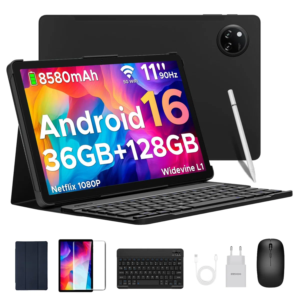 Tab A9 Pro+ Android 16 Tablet 11 Pollici Gemini AI, 36GB RAM +128GB ROM (2TB TF) 8580mAh Gaming Tablet Unisoc T7200 Octa-Core 13MP+5MP Tablets PC WIFI 5/ WidevineL1/GPS/Face ID/OTG, Nero