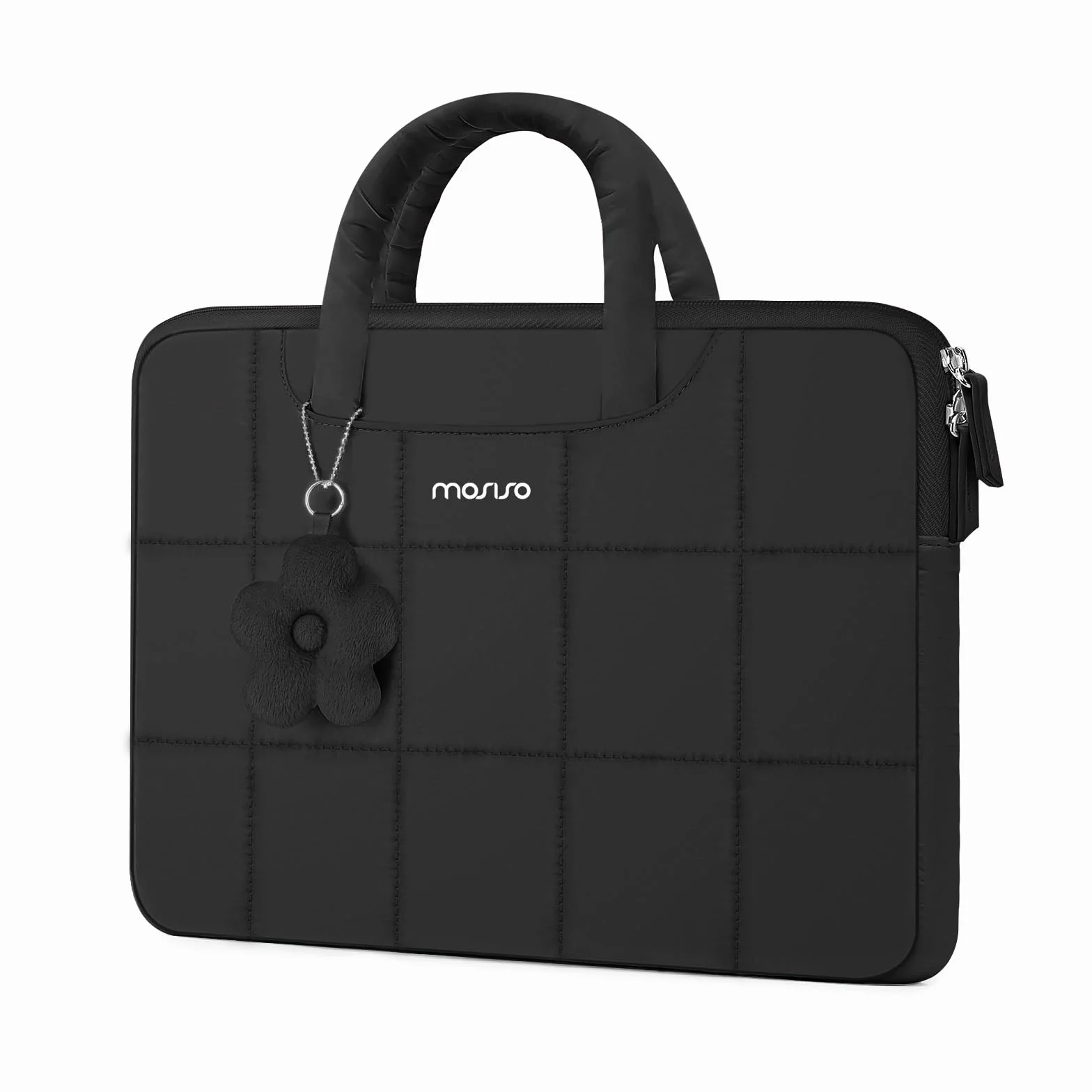 MOSISO 13.3 pollici Custodia Laptop,13-13.3 pollici Borsa PC Gonfia Compatibile con MacBook Air 13 13.6/Neo/Pro 13/14,HP ASUS Lenovo,Borsa Rectangle Quilted Manico&Ciondolo Flower, Nero
