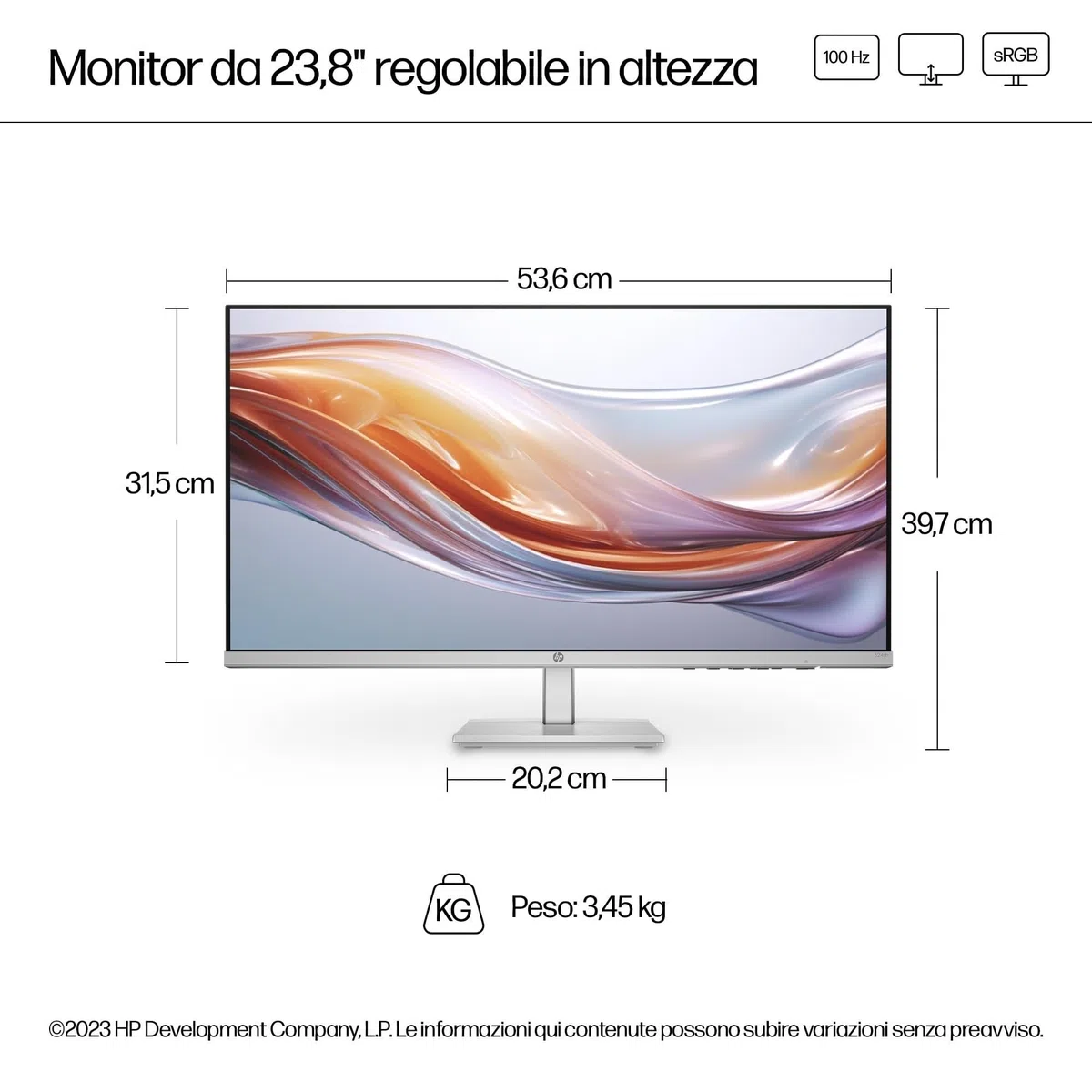 HP 524sh Monitor, Schermo da 23.8" FHD IPS Antiriflesso, Tecnologia Eye Ease, Tempo Risposta 5 ms GtG Overdrive, Risoluzione 1920 x 1080, Software Display Center, HDMI, Nero