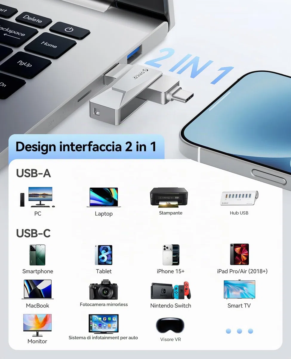 ORICO Chiavetta USB 128 GB USB 3.2 Memory Stick OTG fino a 150 MB/s 2 in 1 Tipo C Flash Drive in metallo per iPhone 17/16/15/Smartphone Android/Tablet/Mac/Laptop/PC, Argento, CB05