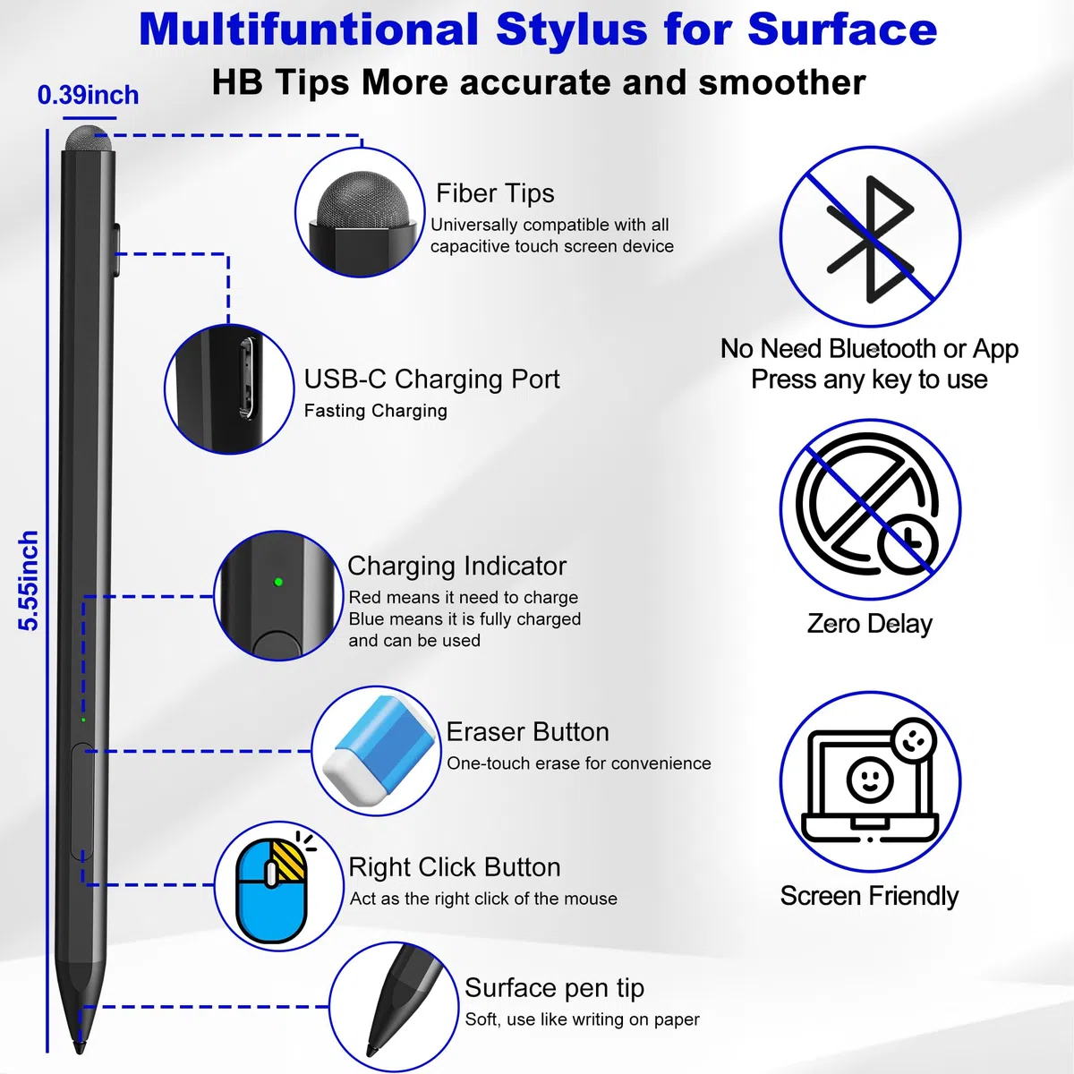 Surface Penna Pen - Surface Pro Penna Stilo per Surface Pro 11/9/10/8/X/7/6/5/4/3, Ricarica Rapida USB-C, Penna Copilota Surface Pro 11 per Surface Go 2/3/4/Book/Laptop/Studio