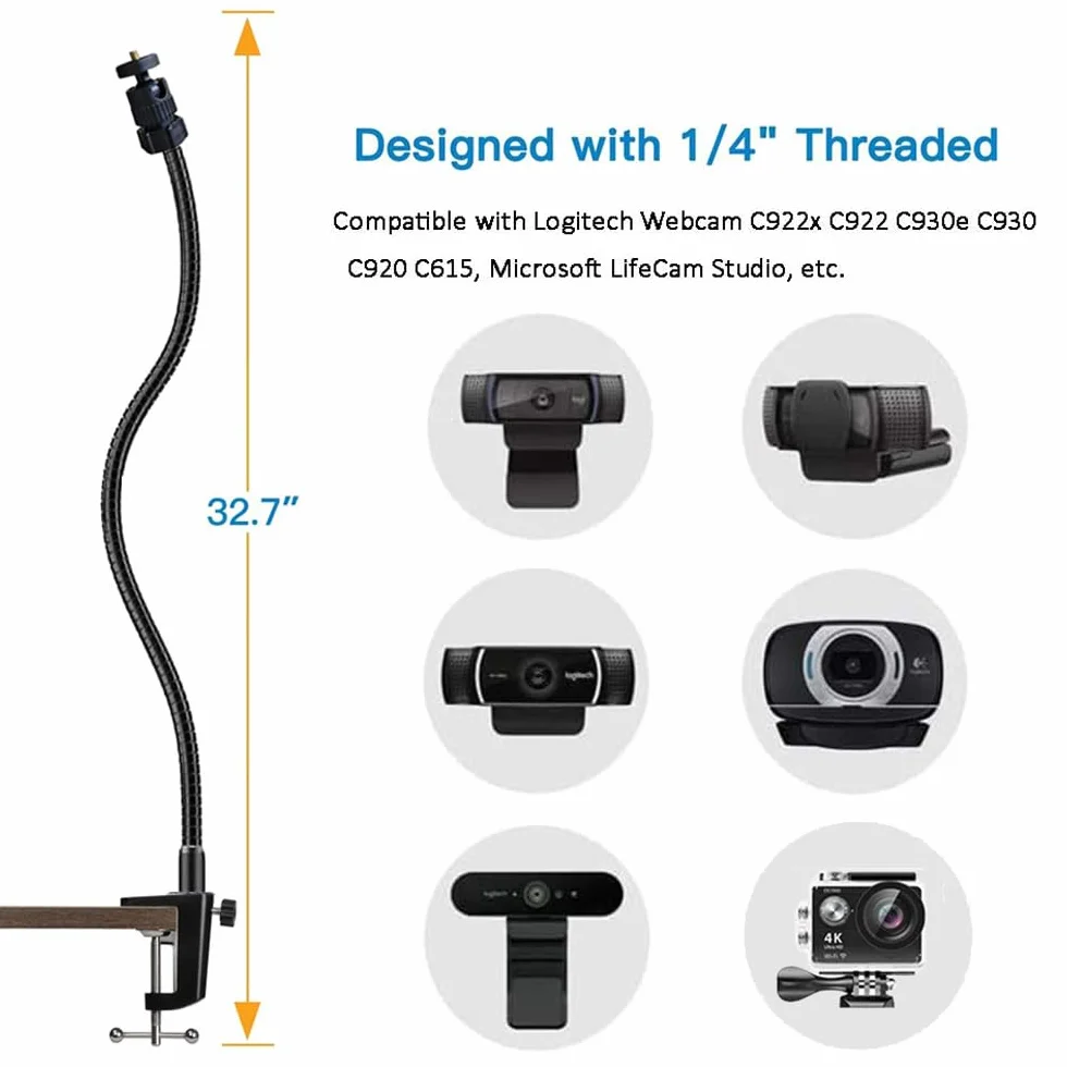 Webcam Stand 27" regolabile a collo di cigno Desktop Camera Mount Hoder for Logitech Webcam C925e C922 C930 C920 C615 e più (filettatura 1/4")