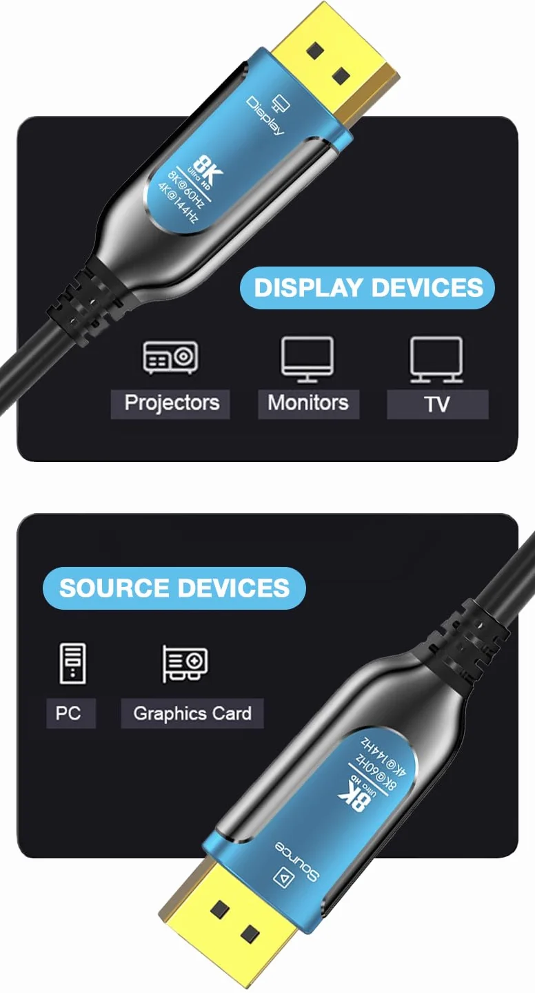 PremiumCord Cavo Ottico 8K DisplayPort 1.4 M/M 15m, Spina a Spina, 32,4 Gbps, Video 8K@60Hz, 5K@60Hz, 4K@60Hz 2160p, Connettori Placcati Oro, Blu/Nero