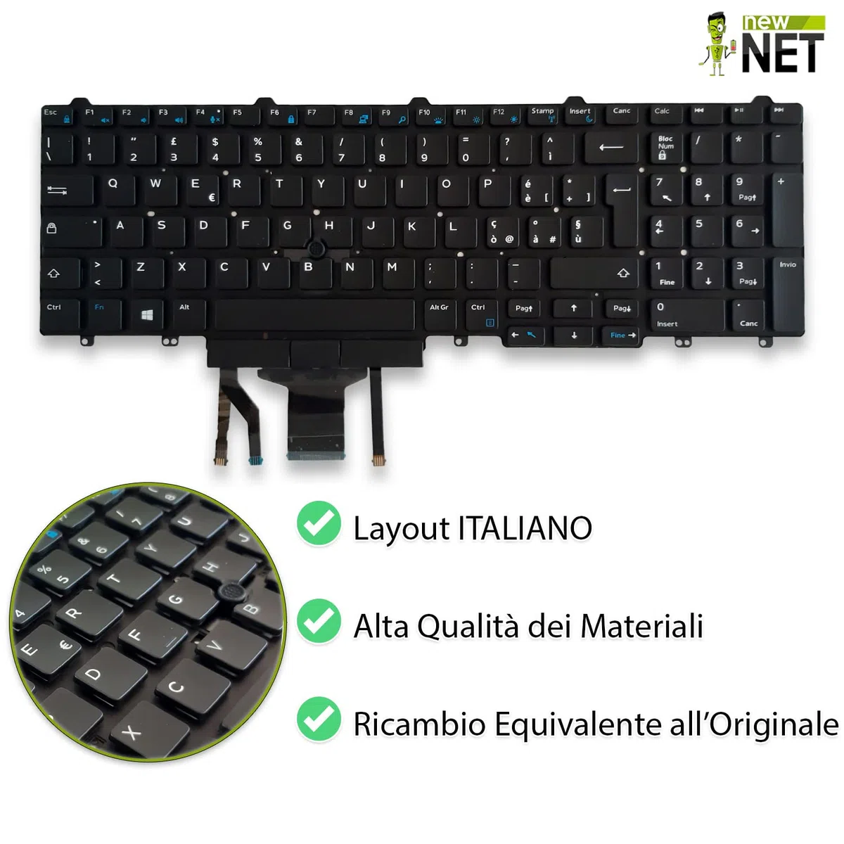 new net - Tastiera Compatibile con Notebook dell Latitude 5550, 5580, 5590, 5591, E5550, E5570 [Senza Frame - Colore Tasti Nero - Trackpoint - Retroilluminata - Layout ITA]