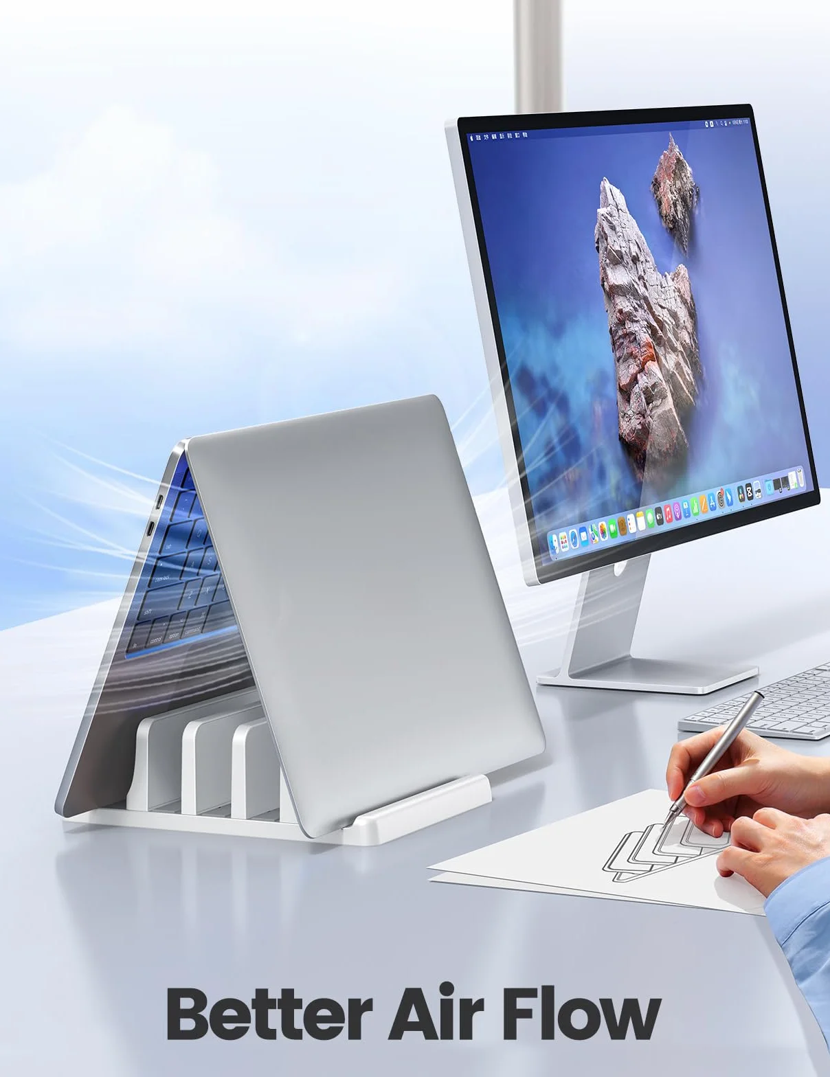 VAYDEER Supporto verticale per laptop, supporto verticale 3 in 1 salvaspazio per posizionamento verticale, compatibile con MacBook Air, MacBook Pro, iPad, tablet notebook fino a 17,3 pollici, bianco