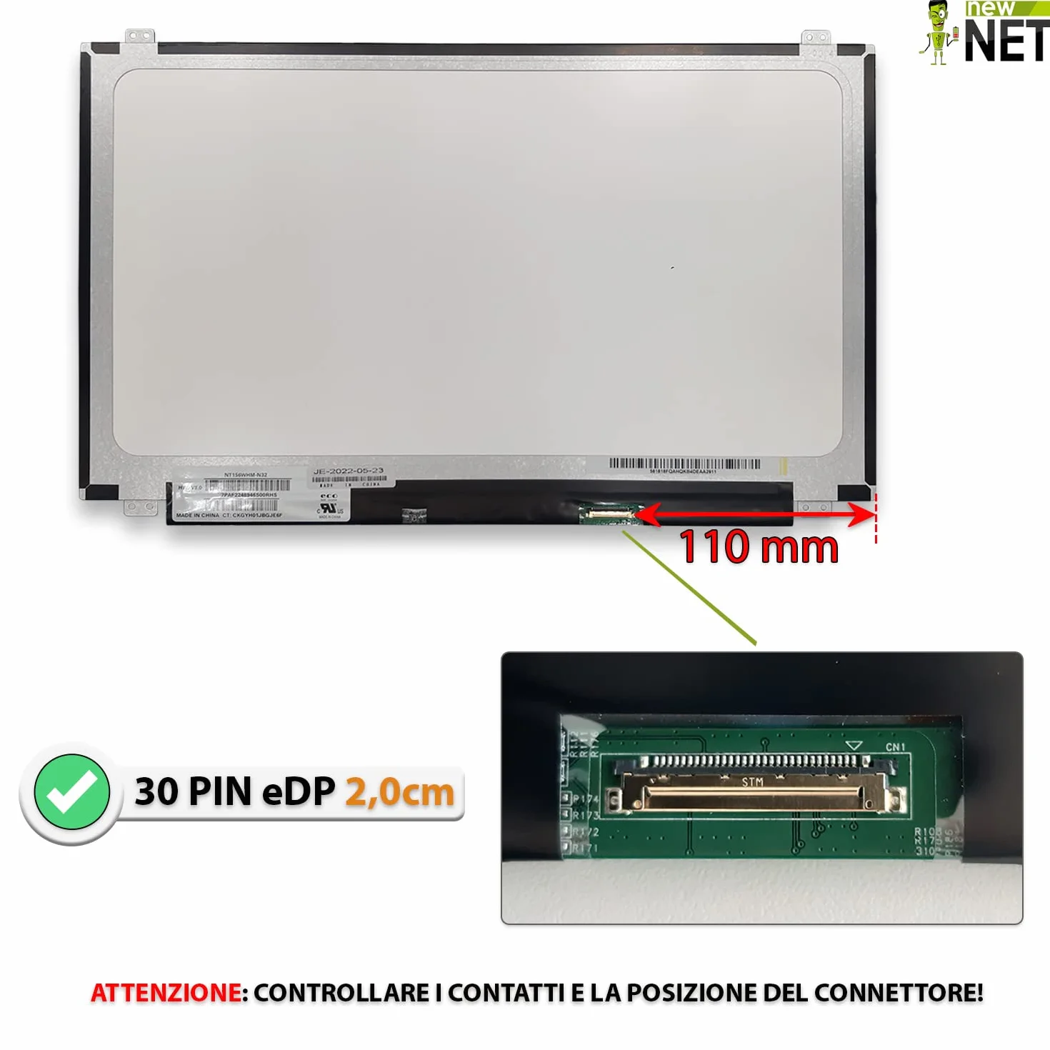 new net - Pannello Schermo Display LCD Compatibile con Lenovo 5D10G93202, 5D10G93203, 5D10G94547, 5D10H12049, 5D10H13020, 5D10H13022, 5D10H15253 [15.6 Pollici - HD - 1366 x 768-30 Pin]