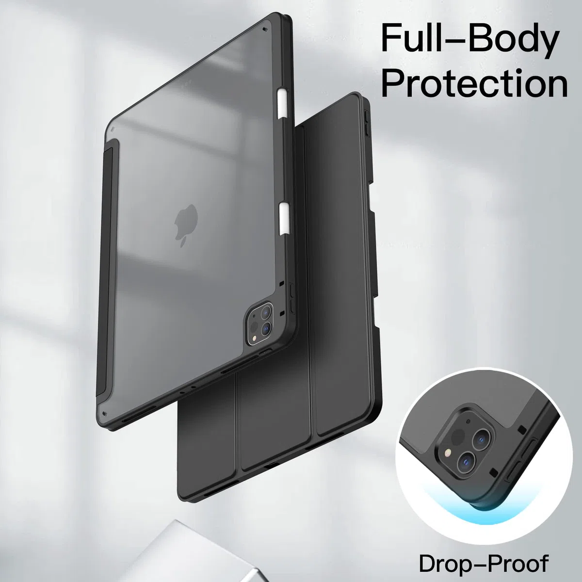 JETech Custodia per iPad Pro 12,9 Pollici (2022/2021/2020/2018) con Portapenne, Posteriore Chiaro Trasparente Supporto Sottile per Tablet Cover Antiurto (Nero)
