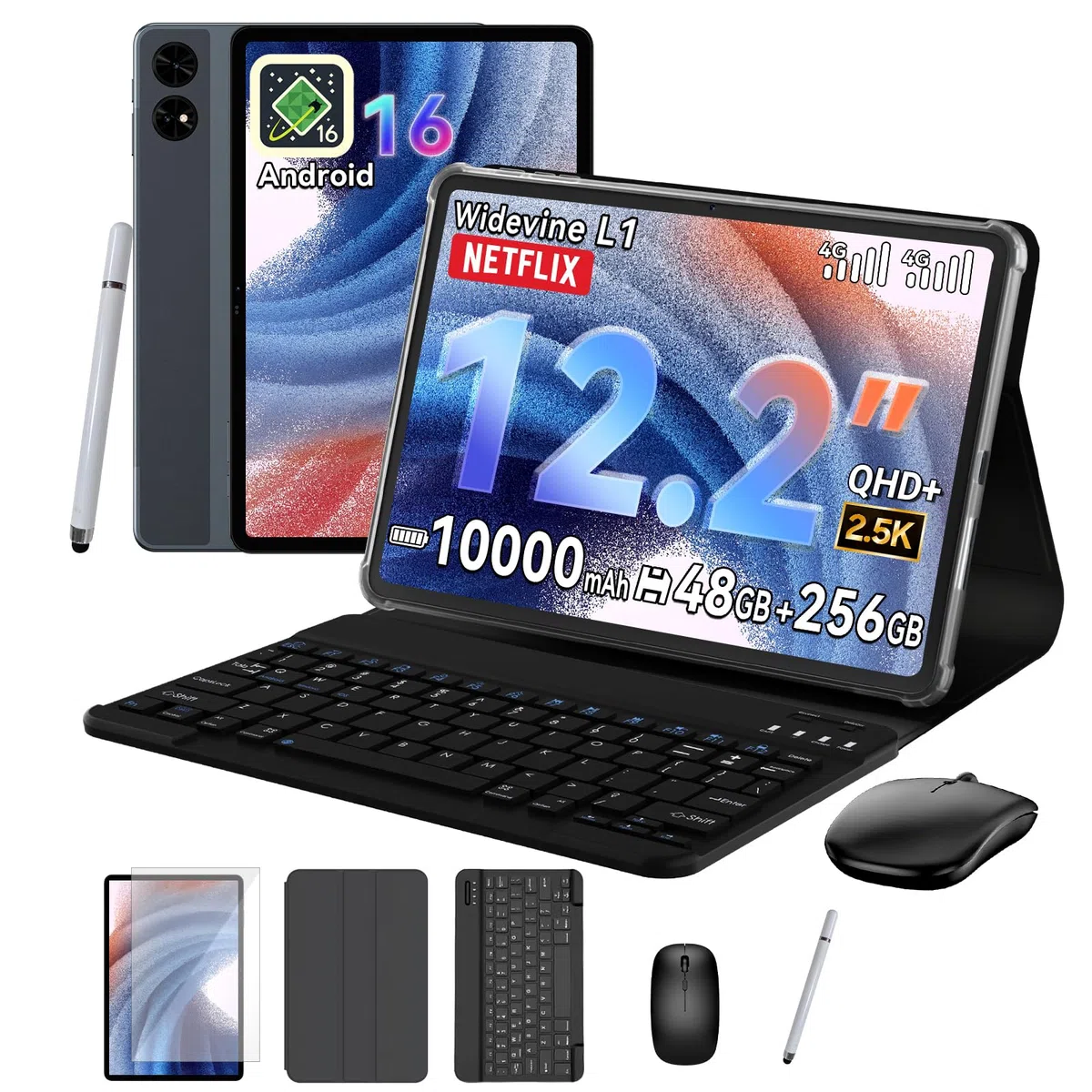 TABWEE Tablet 12 Pollici con Tastiera, 48 GB RAM+ 256 GB ROM, 10000 mAh | 1600*2400 QHD+, Widevine L1, 16 MP+8 MP, Gemini AI , GPS, Tablet in Offerta con Sim (Garanzia di 4 Anni)