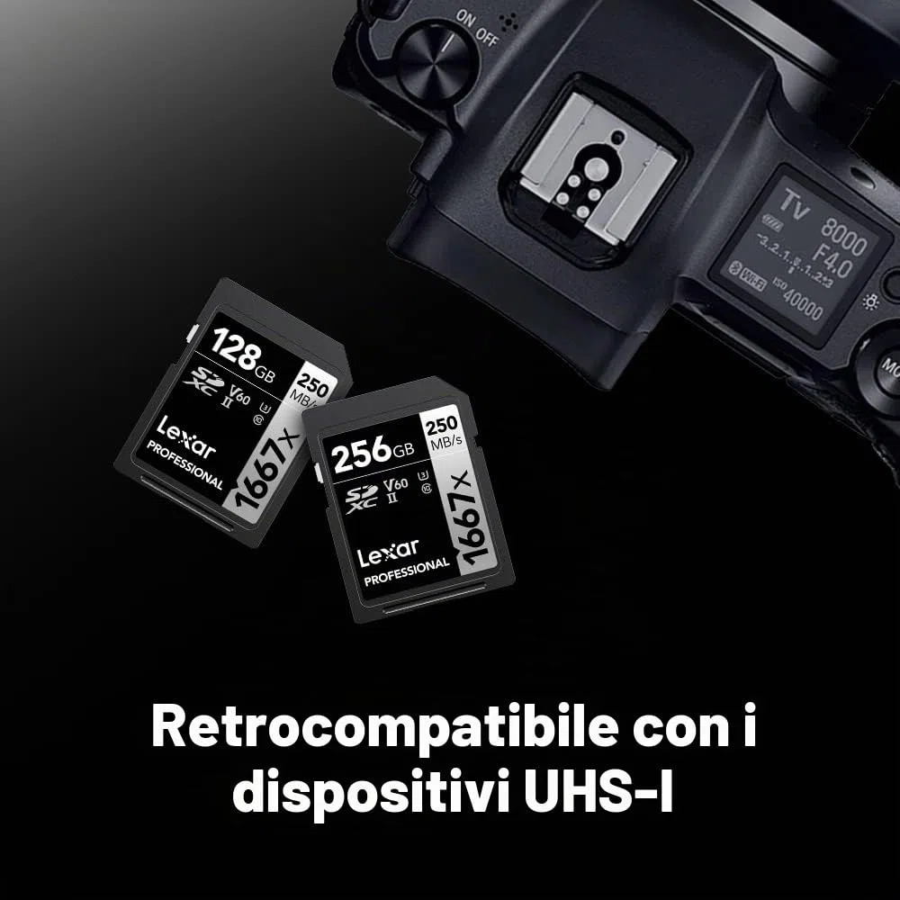 Lexar Schede di memoria professionali SDXC UHS-II, 1667 x 64 GB, C10, U3, V60, video Full HD e 4K, fino a 250 MB/s in lettura, per fotografi professionisti, videografi e appassionati (LSD64GCBNA16672)