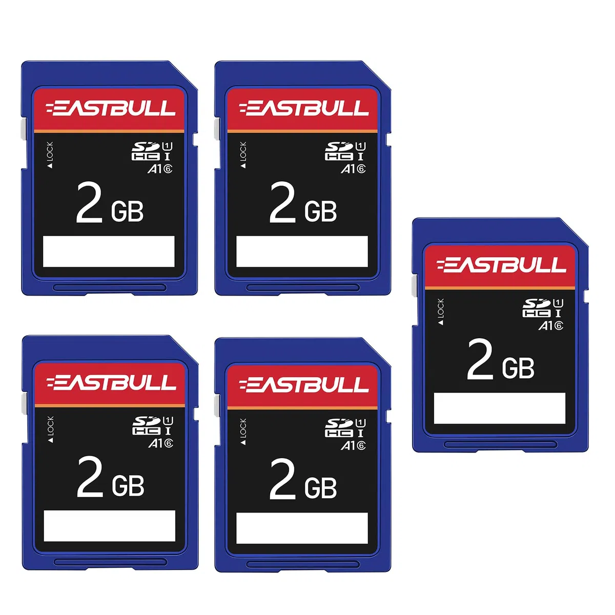 EASTBULL Confezione da 5 schede di memoria SD da 2 GB, classe 6, U1 V30, SDHC, per fotocamera, video Full HD, con 5 mini custodie (2 GB, confezione da 5)