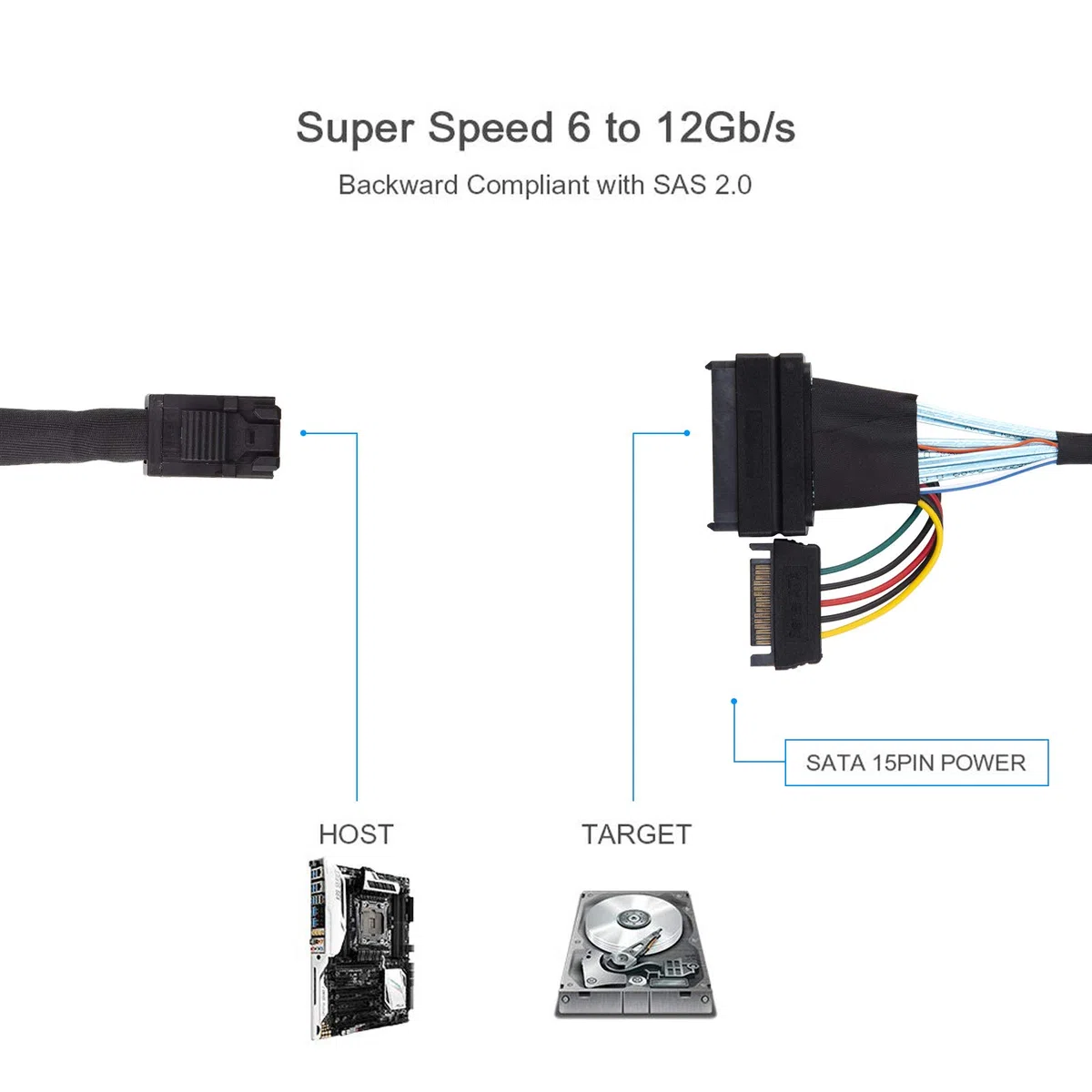 10Gtek 12G Internal Mini SAS SFF-8643 to U.2 SFF-8639 NVMe SSD Cable with 15 pin Male SATA Power Connector, PCIe 4.0, 85 Ohm, 3.3ft/1m