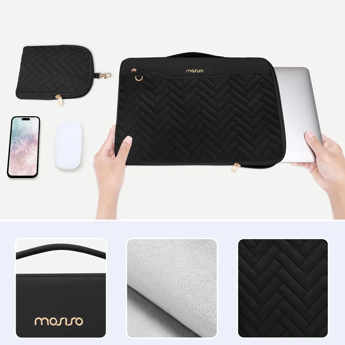 MOSISO 13-14 Pollici Custodia Laptop Protettivo,13,3 Pollici Borsa PC Compatibile con MacBook Air/Pro 13 13,6/Pro 14,HP,Dell,ASUS,Rettangolo Quilted Borse con Maniglia&Tasca&Valigetta, Nero