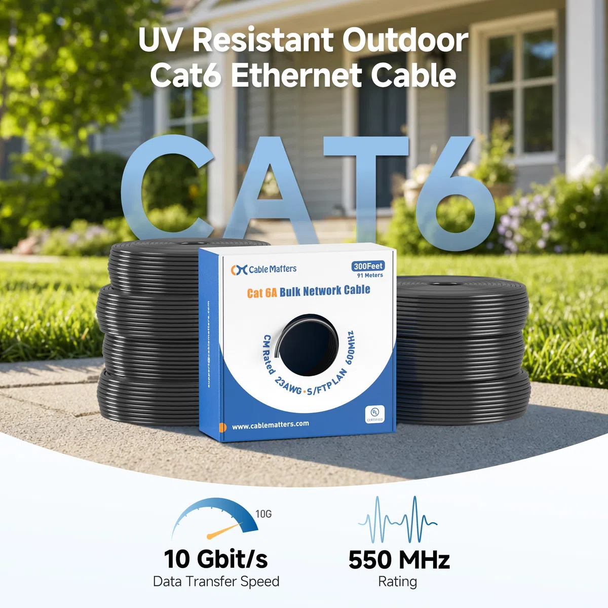 Cable Matters Cavo Ethernet Cat6 per esterni, 10 Gbps, 23 AWG, 152,4 m, nero | Resistente ai raggi UV, solido rame nudo, UTP, 550 MHz, resistente alle intemperie, cavo Cat 6 per telecamere IP PoE