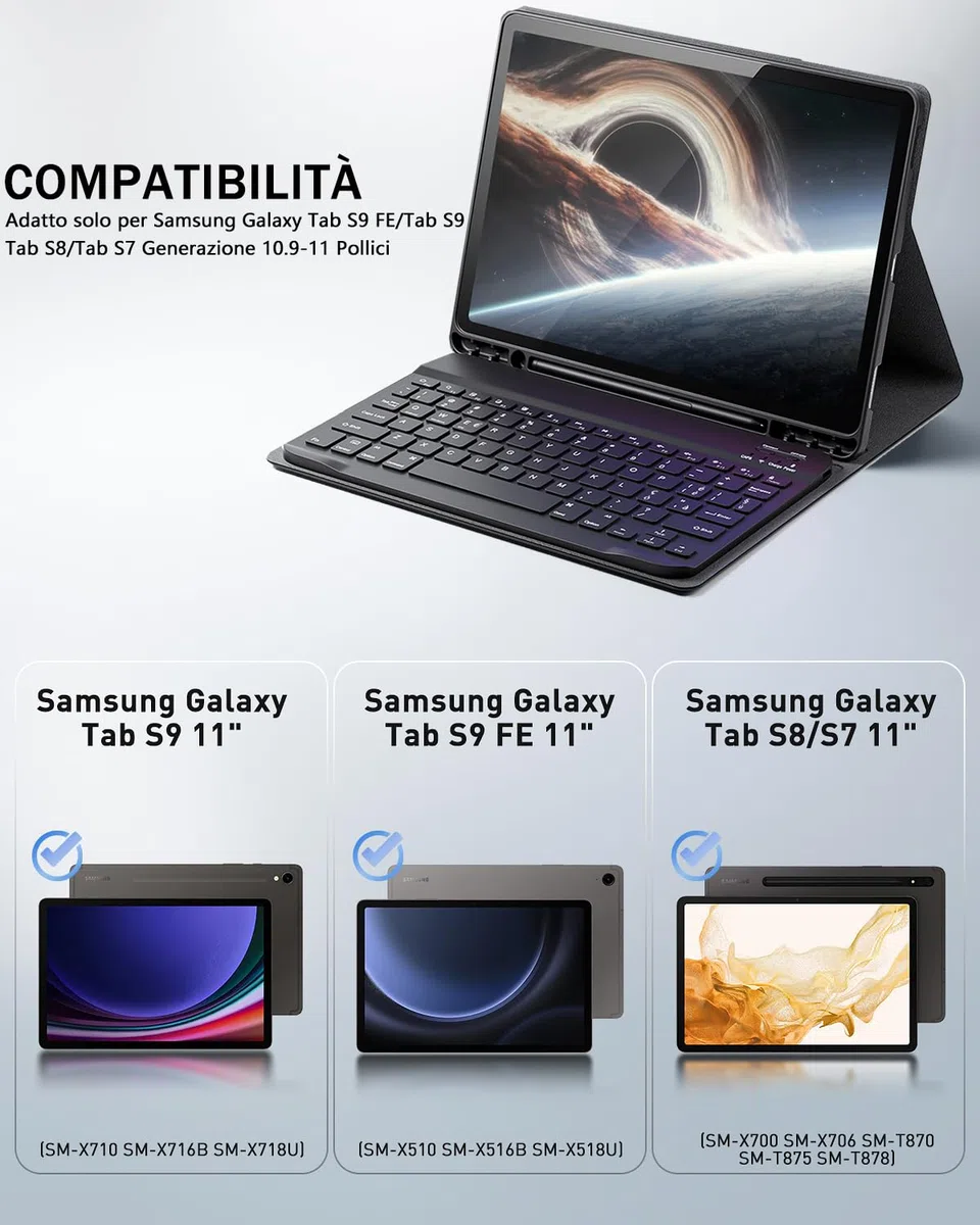 Cover Per Samsung Galaxy Tab S10 Lite/S10 FE (2025)/S9 FE (2023)/Tab S9 (2023)/Tab S8 (2022)/Tab S7 (2020) 10.9-11 Pollici Con wireless Bluetooth tastiera italiana (QWERTY) e Mouse Keyboard Case Nero