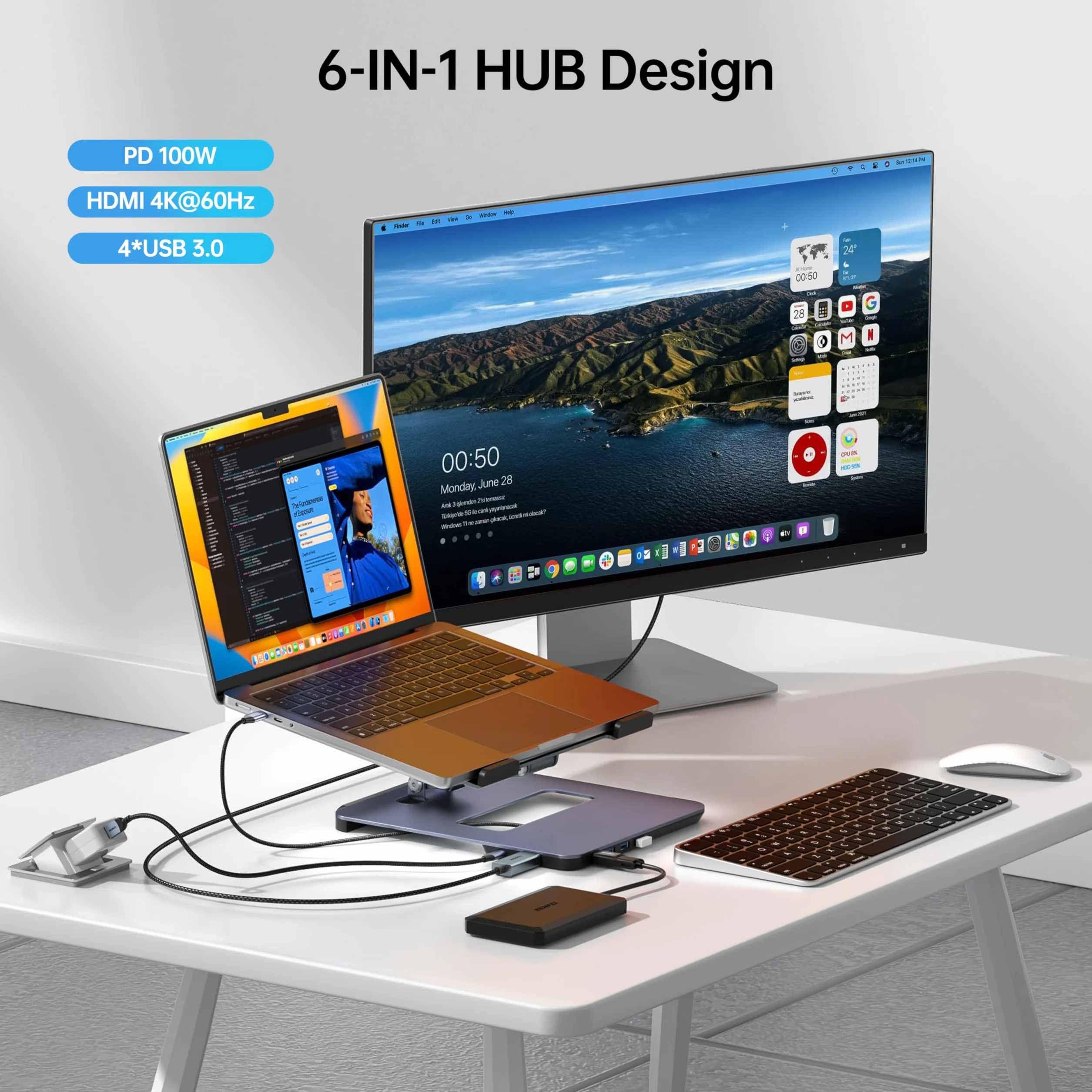 BENFEI Supporto per laptop in alluminio con docking station USB C 6 in 1, HDMI 4K a 60 Hz, 4*USB3.0, 100 PD compatibile con MacBook Pro/Air iPad Pro XPS Thinkpad