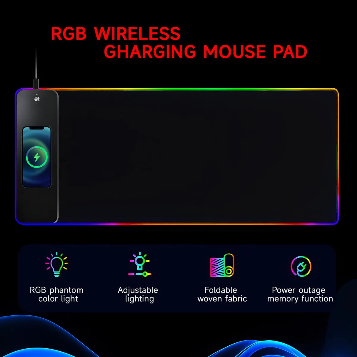 QUMOX Tappetino Mouse RGB con Ricarica Wireless 15W, 10 Modalità LED, 800x300mm, Base Antiscivolo per PC, Gaming, Scrivania