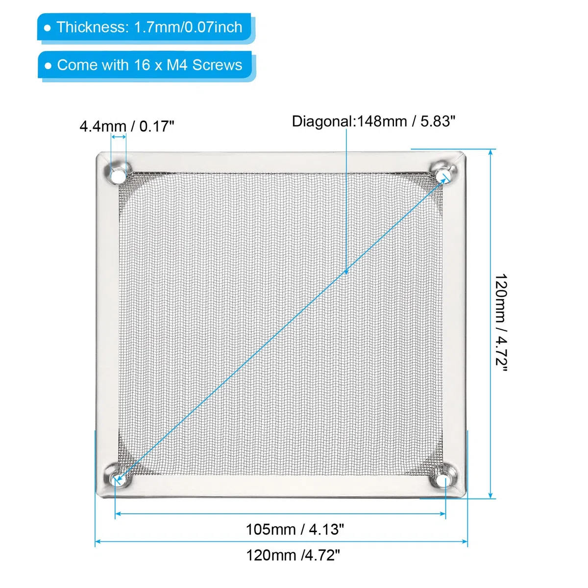 PATIKIL 120mm Ventola Filtro Griglie con Viti, 4pz Alluminio Telaio Inossidabile Acciaio Rete Antipolvere Copertura per Computer Custodia, Argento