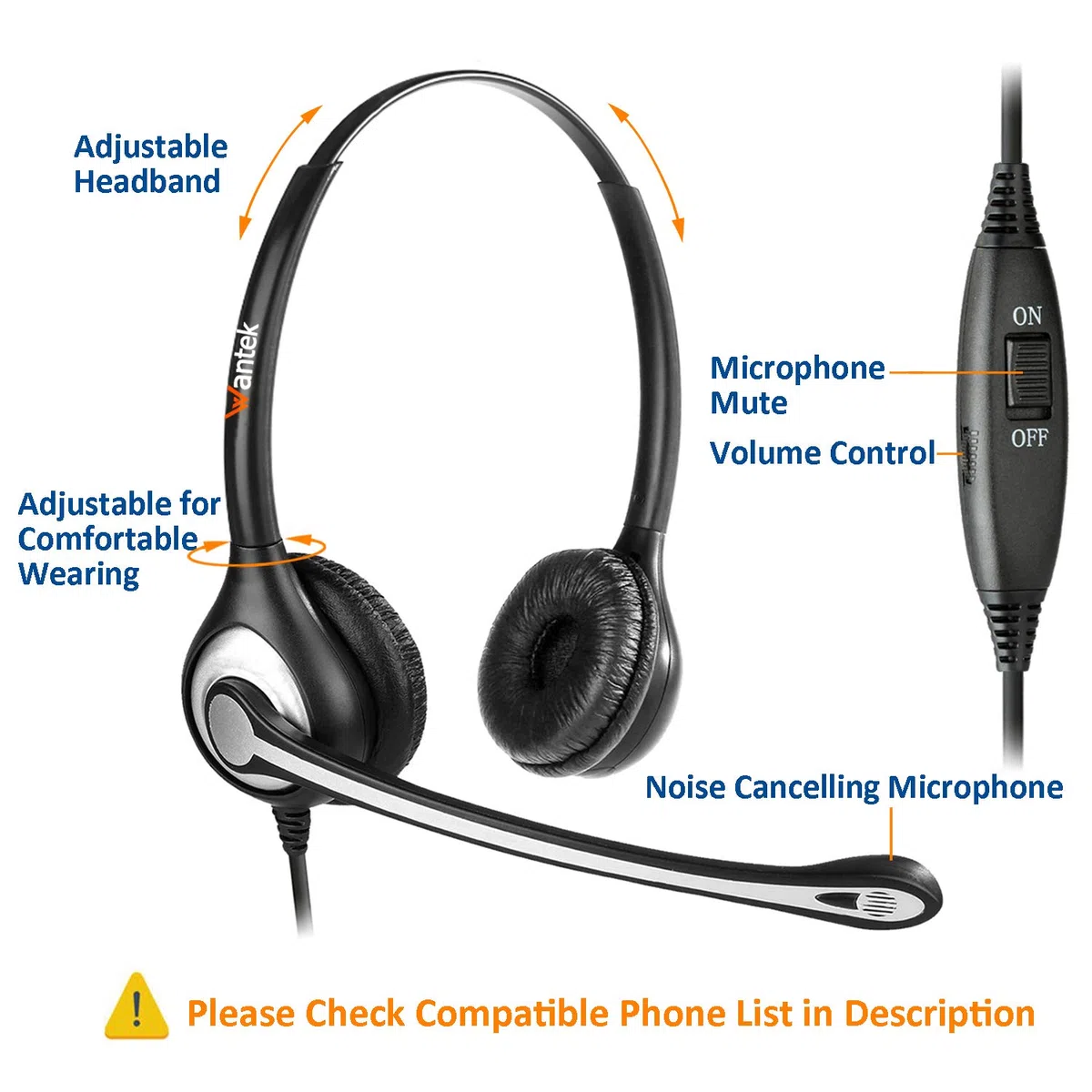 Wantek Cuffie 2,5 mm Dual con Microfono a Cancellazione del Rumore e Controllo del Volume, Auricolare Call Center per Gigaset Panasonic Telefono Fisso Cordless DECT(F602J25)
