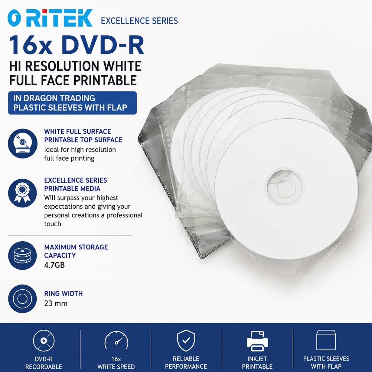 Ritek - DVD-R bianco professionale stampabile a getto d'inchiostro, registrabili, con una velocità di scrittura di 16x, in custodie di plastica Dragon Trading con patta (confezione da 20)