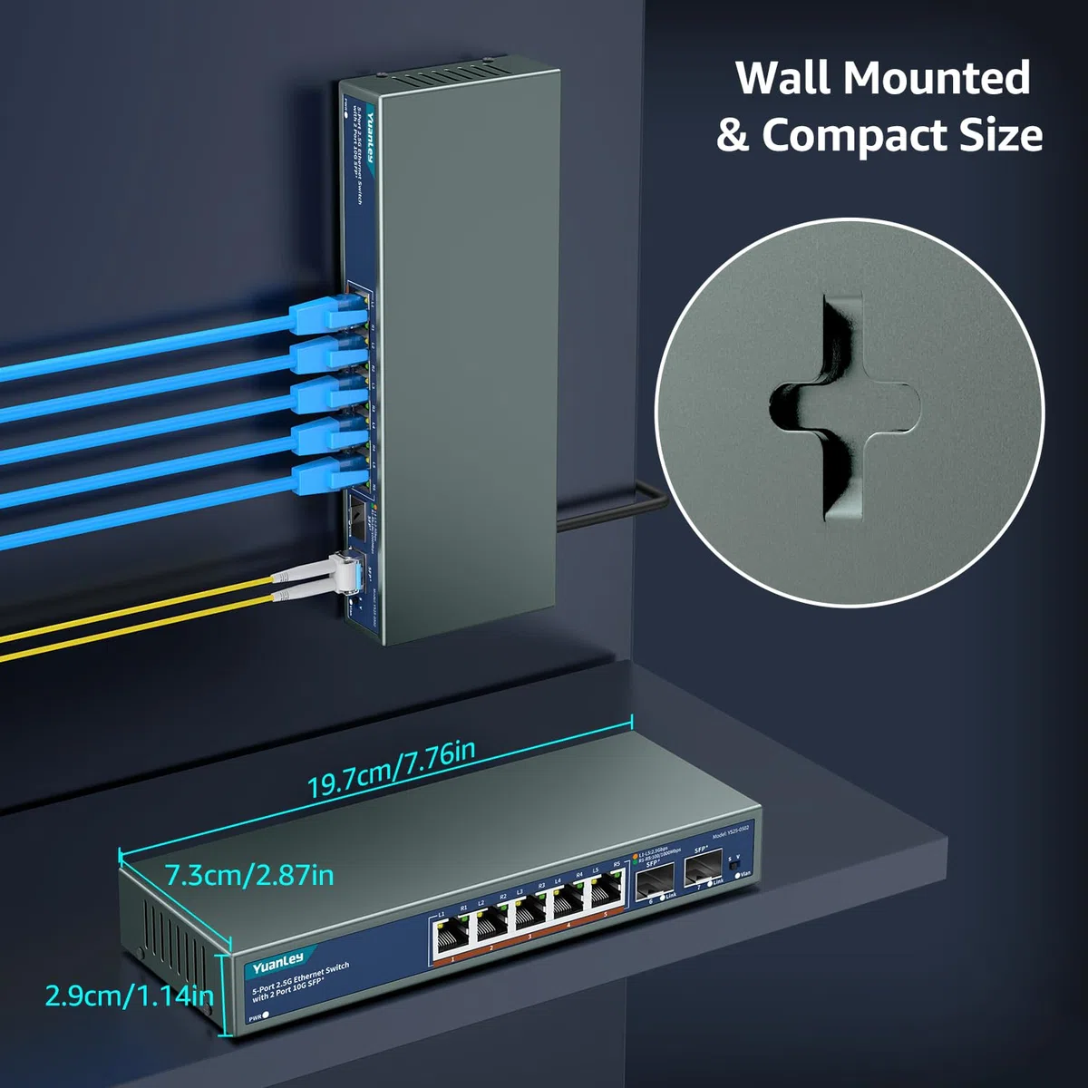 7 Porte 2,5G Switch Ethernet Umanaged, 5 Port 2,5G Base-T, 2 Port 10G SFP, Compatibile 10/100/1000M, Metallo Senza Ventola, Switch di Rete YuanLey 2,5Gbe da Tavolo/Muro per AP Wireless, NAS, PC