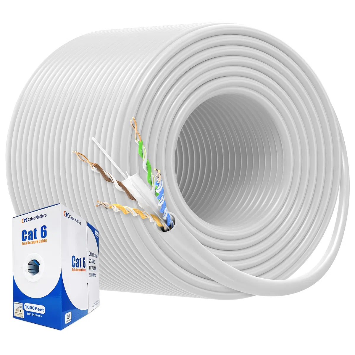 Cable Matters Cavo Cat6 10Gbps 23AWG CMR Cat6, 304,8 m, bianco | Montante a parete nominale, rame nudo, solido U/UTP, bobina di cavo Ethernet Cat 6