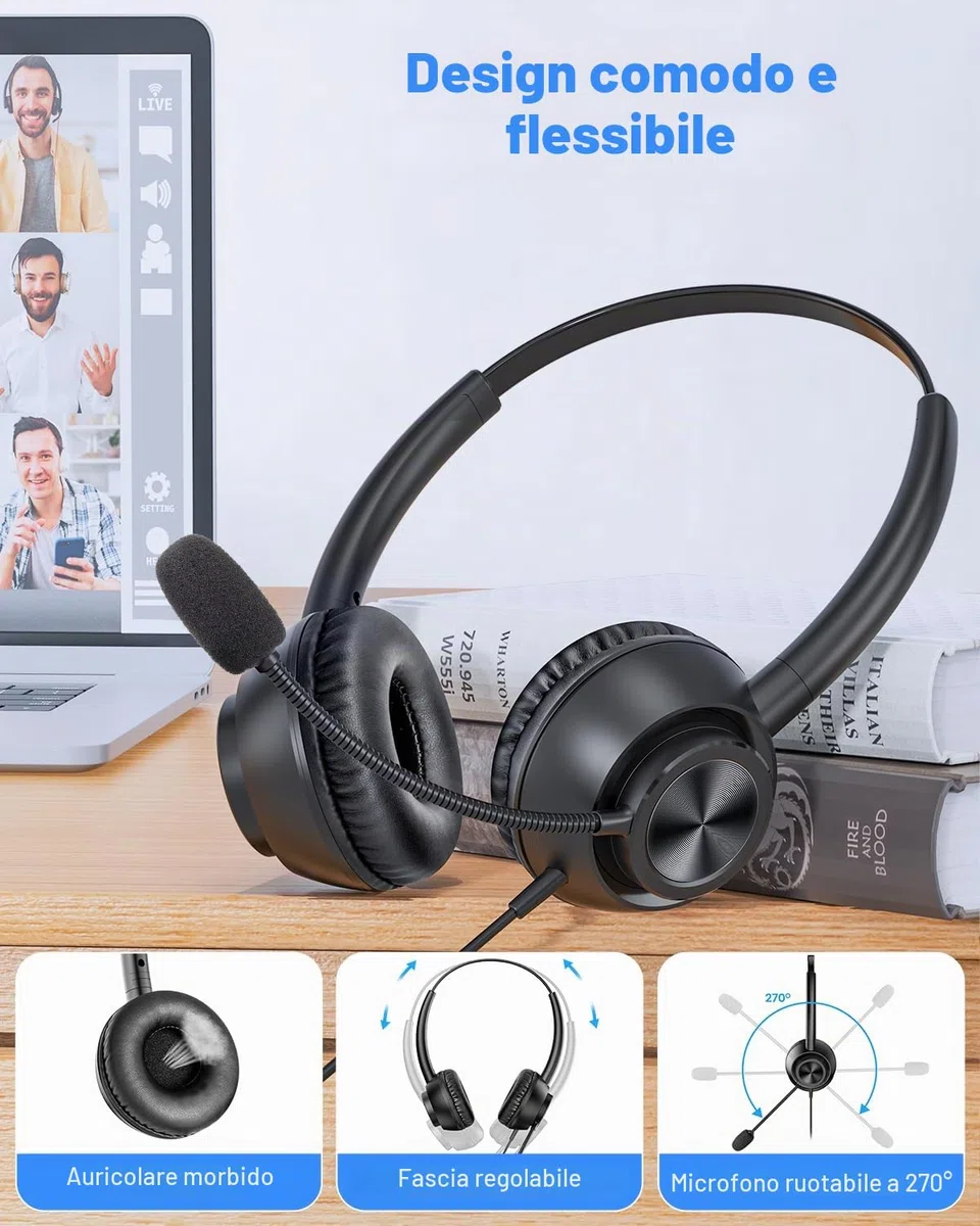 New Bee Cuffie con Microfono per PC, Cuffie con Microfono, cuffia per PC con USB-A e USB-C, per call center/conferenze telefoniche/chat Skype/corsi online