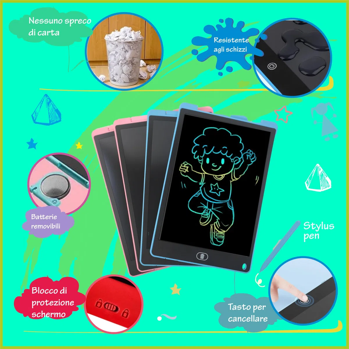 Meridiana - 4 Tavolette Grafiche LCD Scrittura Colorato 12 Pollici, Lavagna da Disegno Cancellabile, Regalo Bambini, Tavoletta Grafica per Giochi per 2 3 4 5 6 7 Anni (Blu&Rossa) (4, Rosa)