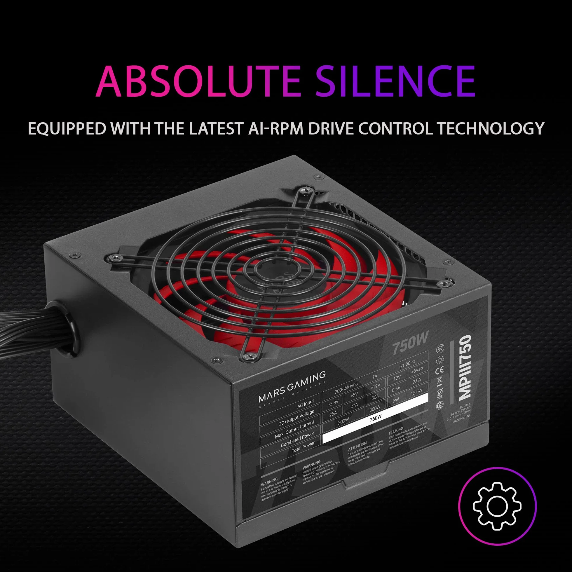 Mars Gaming MPIII750, Alimentatore PC ATX 750W, 5 Anni di Garanzia, 85% di Efficienza, Sistema APFC Digitale, Ventola FDB 120mm AI-RPM, Tecnologie DC-DC e SMD, Cavi Piatti Extra-Lunghi, Nero
