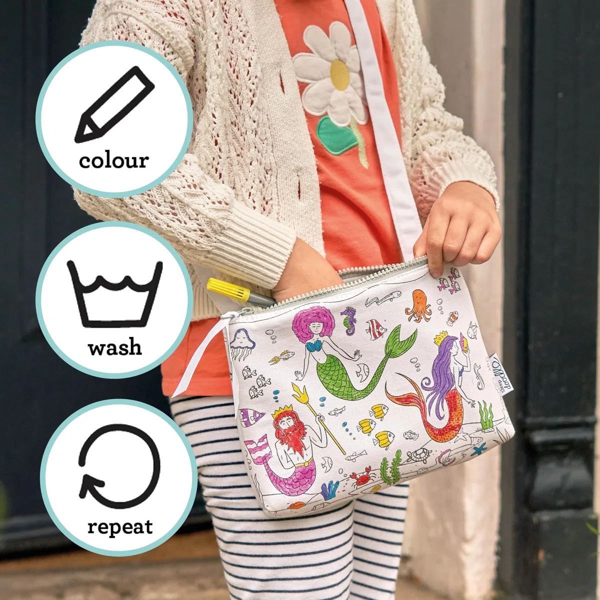 eatsleepdoodle Borsa da colorare bambini con 10 pennarelli lavabili per bambini, borsa da colorare 8,5" x 7"