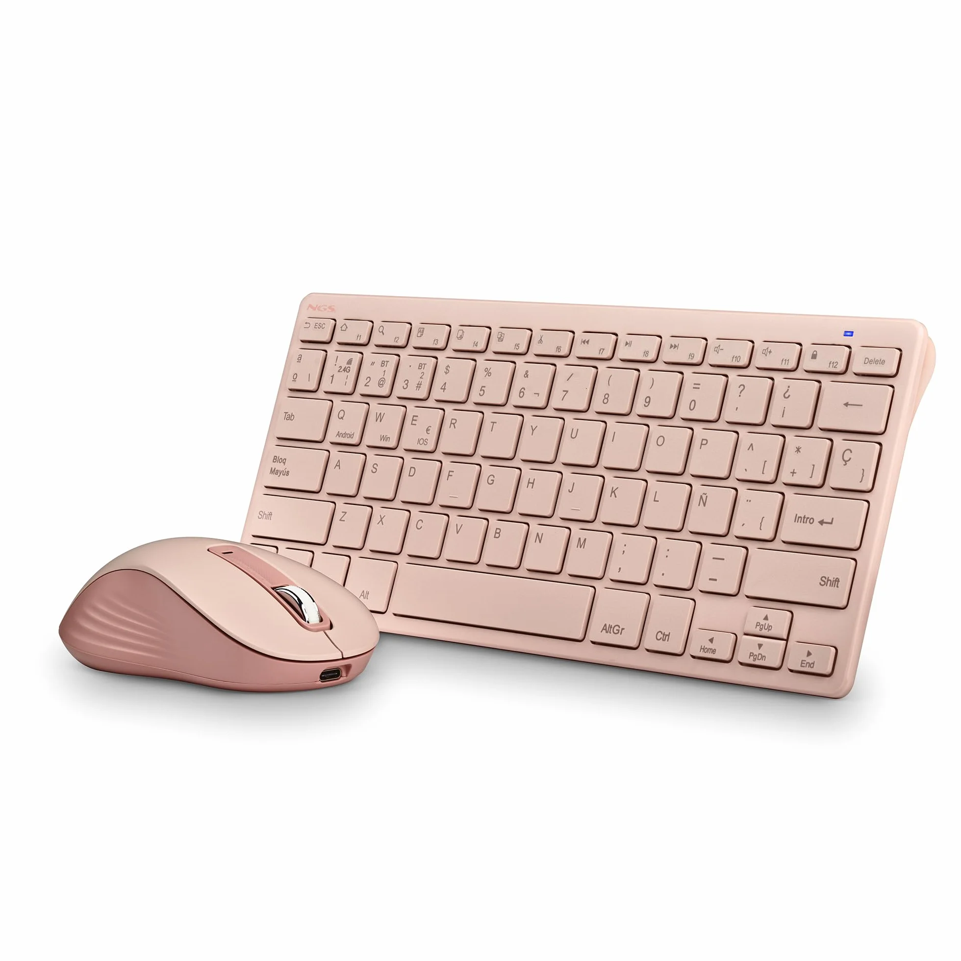 NGS Fantasy Kit Pink – Tastiera e mouse wireless spagnolo QWERTY, silenzioso ricaricabile, multimodalità 2.4 GHz e Bluetooth, 12 tasti multimediali, DPI regolabile, colore rosa