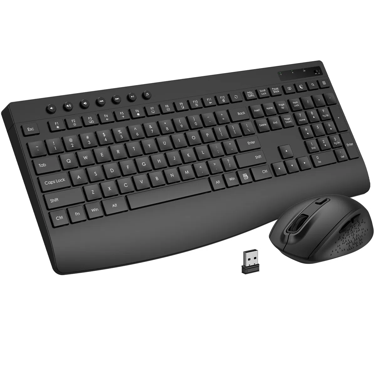 Tastiera wireless e mouse combinata, set di computer ergonomico di dimensioni standard con poggiapolsi, USB 2.4G senza lag, digitazione silenziosa, clic silenzioso, spegnimento automatico per PC, Mac